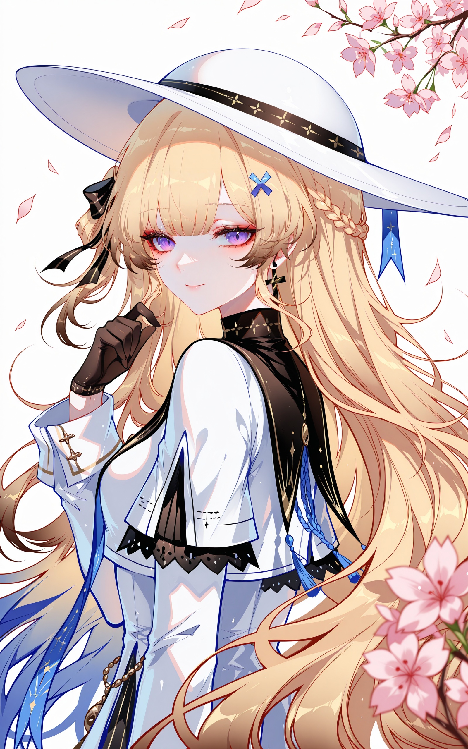 Phoebe\(wuthering waves\),1girl,solo,blonde hair,long hair,gloves,purple eyes,looking at viewer,smile,hat,white headwear,petals,upper body,white background,cherry blossoms,closed mouth,hair ornament,long sleeves,multicolored hair,black gloves,falling petals,ribbon,looking back,blue hair,simple background,hair ribbon,hand up,flower,braid,<lora:xl-ill-Phoebe(wuthering waves)_v1-000008:0.8>,sheya,
