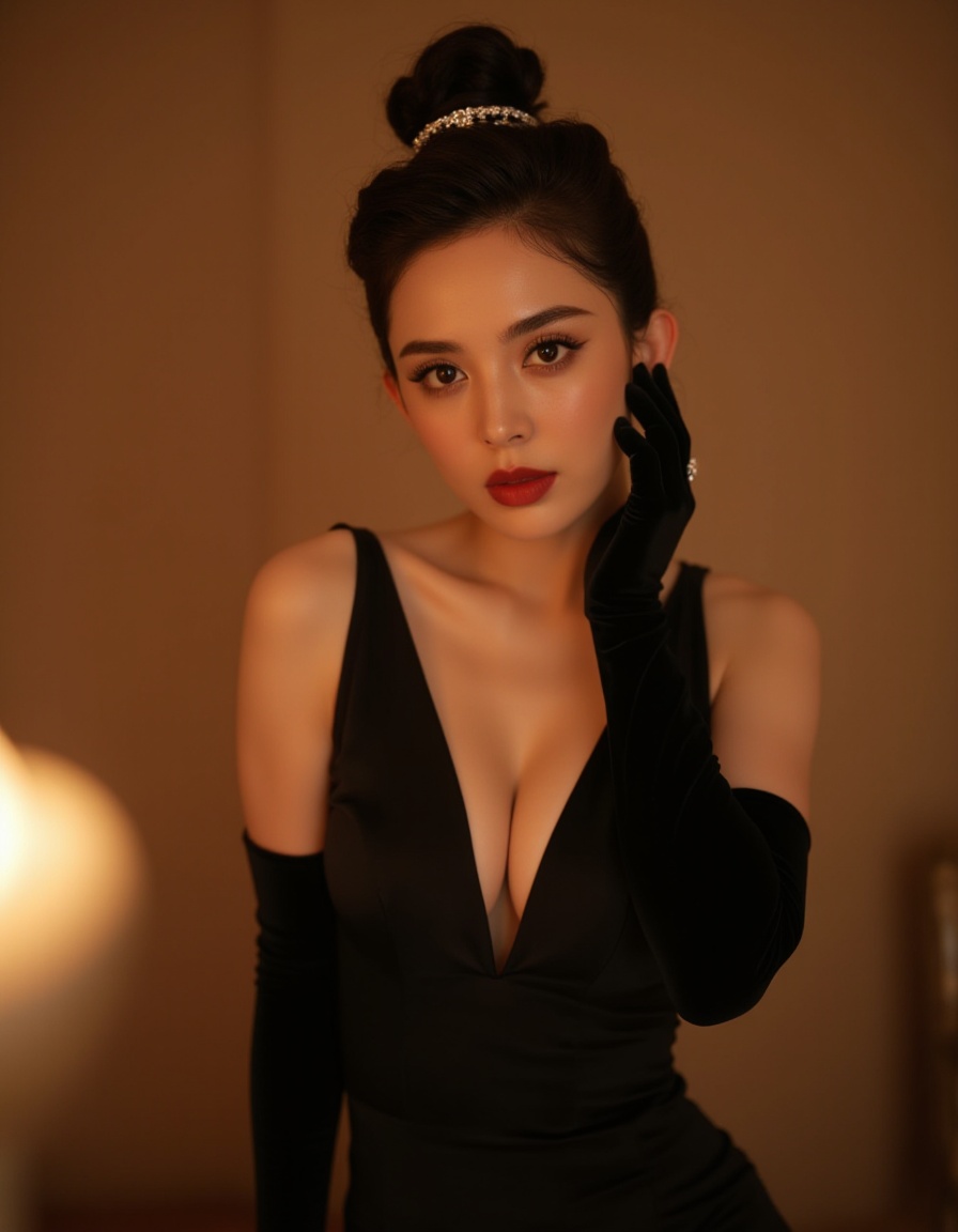 This is a photograph of an Asian woman posing in a sultry,elegant manner. She is standing against a soft,warm background that is likely a gradient of brown and beige tones. Her skin is fair and smooth,with a slight golden hue. Her dark brown hair is styled in an intricate updo,adorned with a sparkling hair accessory that adds a touch of glamour.,She is wearing a form-fitting,black dress with a deep V-neckline that exposes her shoulders and upper back. The dress is made of a luxurious,satin-like fabric that drapes elegantly over her slender frame. She is accessorized with long,black velvet gloves that extend past her elbows,adding a touch of vintage sophistication.,Her makeup is striking,with bold red lipstick and subtle eyeshadow that enhances her large,expressive eyes. She is gazing directly into the camera with a seductive expression,her lips slightly parted and her right gloved hand gently touching her cheek.,In the foreground,there is a soft,warm light source that casts a gentle glow,highlighting her features and creating a warm,intimate atmosphere. The overall mood of the photograph is elegant and sensual,with a vintage-inspired aesthetic.,