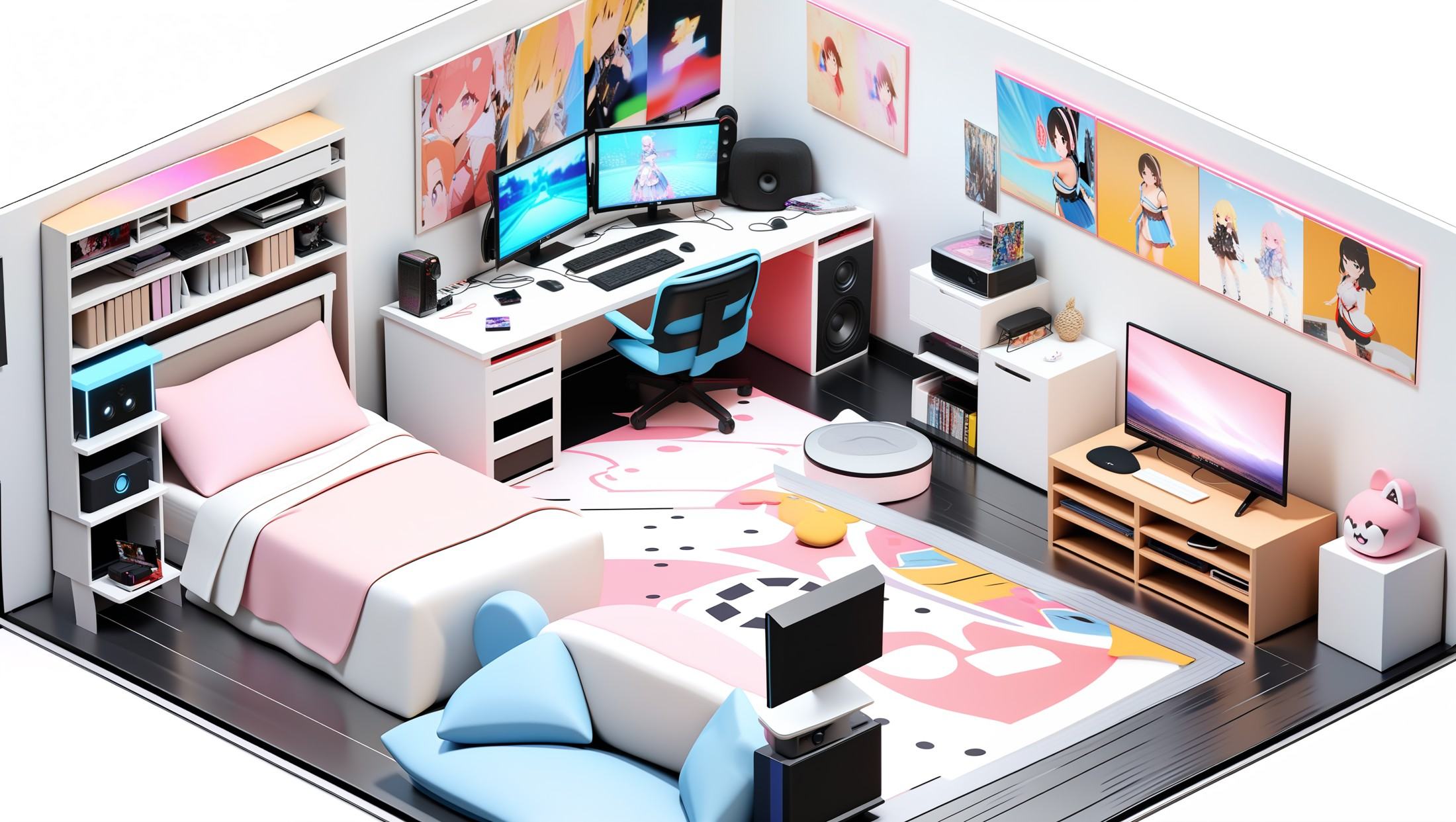 masterpiece, best quality, <lora:gamebg:0.5>,3d,white background,room-style,posters, bishoujo figurines, glass display cabinet, manga shelves, gaming console, plush toys, anime DVDs, computer desk, dual monitors, gaming chair, wall scrolls, LED strip lights, cosplay costumes, anime-themed bedding, bookshelf, collectible cards, model kits, framed art prints, decorative pillows, anime-themed rugs, headphones, drawing tablet, sound system, action figures