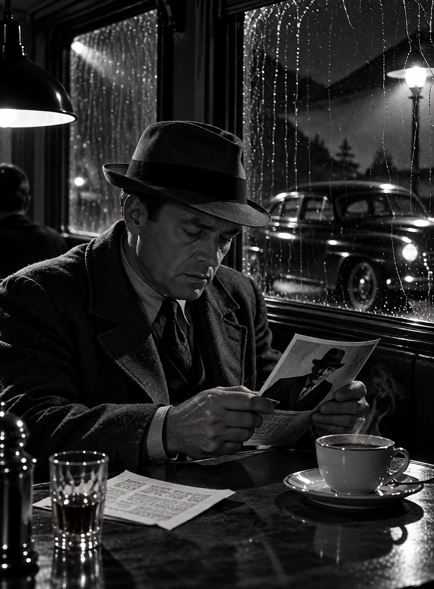 A private detective sits alone in a nearly empty diner at 2 a.m.,  studying a photograph beside an untouched cup of coffee...