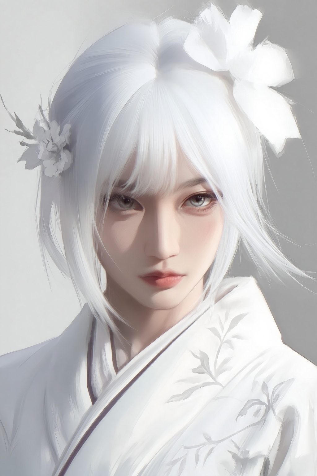 ZOZ_HEHUHU,ZOZ_HTXS,a digital illustration shoot from a portrait camera angle about a portrait of a young woman with white hair styled in a short bob with a flower in her hair,wearing a traditional japanese outfit,the image also shows a soft,blurred background with a subtle gradient of light gray and white,on the middle of the image,a 20-year-old woman appears to be looking directly at the viewer with a serious expression,she has light skin,short hair,and is wearing a white kimono with intricate floral patterns,and her hair is adorned with a large,white flower,her eyes are a striking grey color,and she has a delicate,almost ethereal appearance,she is positioned in the center of the frame,with her upper body facing the viewer and her eyes looking straight at the camera,the woman has a slim body and her expression is neutral,with parted lips and a subtle,slightly parted nose,her hair style is short,with a few strands framing her face and a hair ornament on her head,adding a touch of elegance to her overall appearance,