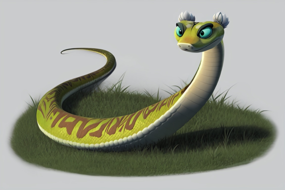 Masterpiece,Best Quality,master viper,snake,grass,full body,feral,thin tail,simple background,solo,<lora:master viper-000008:1>,(headdress:1.1),full body,belly,