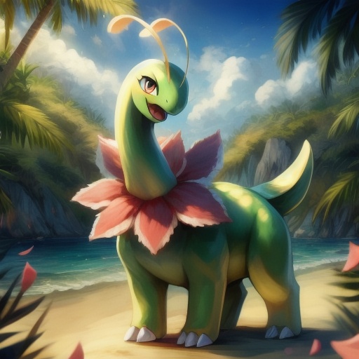 meganium,Masterpiece,high quality,4k,beautiful eyes,full body,pokemon \(creature)\,solo,no humans,beach,open mouth,happy,(green body:1.2), pink petals, yellow antenna, short tail,3 toes,Quadruped, exquisite details