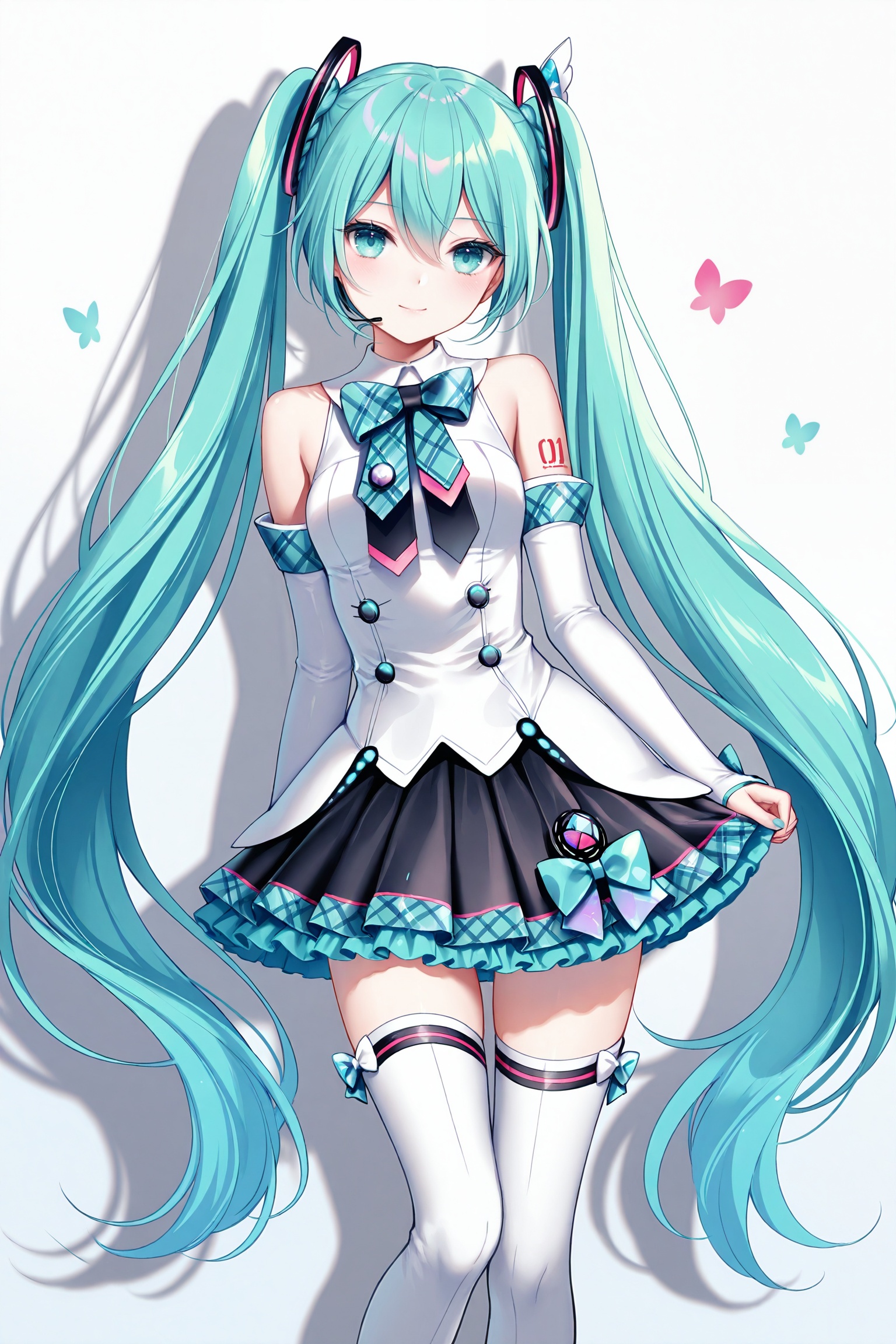 masterpiece,best quality,newest,absurdres,highres,soft shadows,photorealistic,(chen bin:0.5),(hiten \(hitenkei\):0.4),(rimuu:0.5),(mignon:0.5),(sheya:0.6), <lora:MMM2017XLNAI:1> magical mirai miku \(2017\),hair ornaments,frilled skirt,black skirt,elbow gloves,thigh boots,