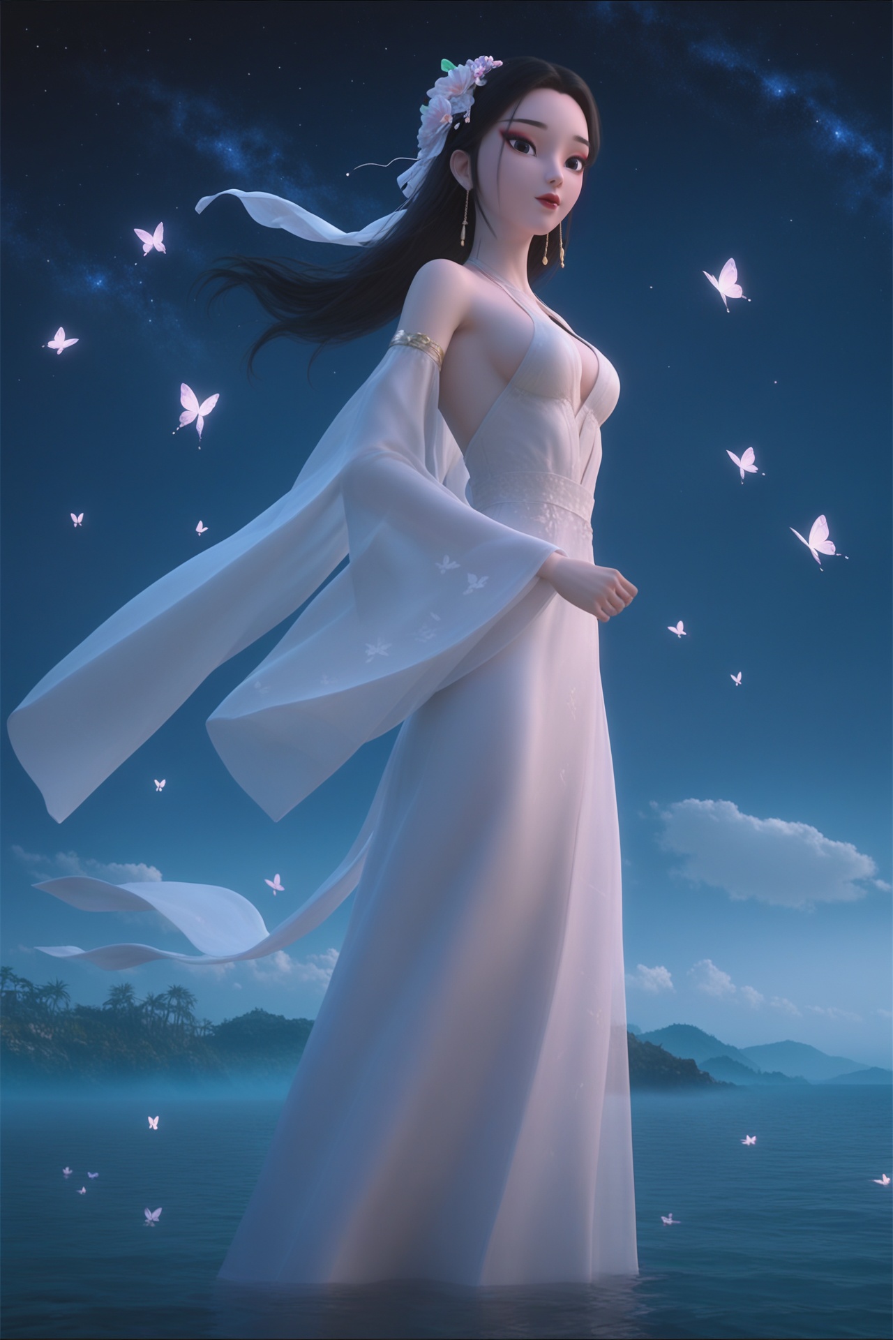 baishe,<lora:baisheXL:0.8>,score_9,score_8_up,source_anime,score_7_up,highly detailed,ultra-high resolution,32K UHD,sharp focus,best-quality,masterpiece,golden hour,unconventional supreme masterpiece,masterful details,temperate atmosphere,with a high-end texture,in the style of fashion photography,Dynamic Angle,(Dynamic posture:1.1),1girl,solo,medium breasts,looking at viewer,pale skin,flower,hair ornament,hair flower,makeup,red lips,long hair,eyeshadow,black hair,black eyes,robe,jewelry,white robe,wide sleeves,earrings,translucent,from side,ass,breasts out,((Beautiful butterflies in detail)),((Beautiful stars in detail)),(((halter dress ))),particle,(Starry sky in beautiful detail),(Hazy fog),(Ruins of beautiful details),(((Standing on the surface of the sea))),