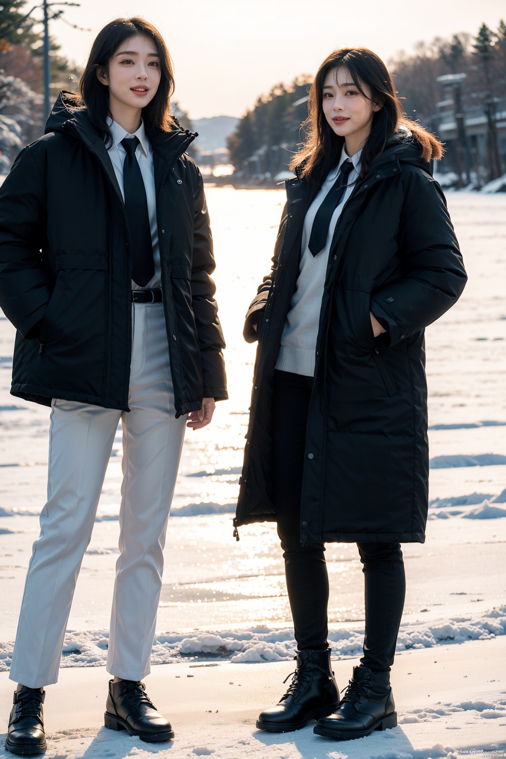 fullbody,2 people,1 girl, 1 boy,crazy smile,Studio Lighting,Wear the same Black parka,(Middle length Black parka:1.3),Slim fit parka,White shirt,Appear thin,necktie,Black pencil pants,Good lightingBy Lake Baikal,Snowy scenery,Black socks,Heavy snow is falling profusely,Bright sunshine,standing, Winter Lake Background,The dazzling sunshine at noon(8k, RAW photo, best quality, masterpiece:1.2),(realistic, photo-realistic:1.37),photon mapping,professional lighting,radiosity,trousers,Simple background,mature female,Mature males,Cusp high-heeled shoes,High top leather shoes,(in winter:1.3),(photorealistic:1.2),(film grain:0.2),((Depth of field)),spoken flying sweatdrops,official art,Best quality,masterpiece,((photorealistic:1.4)),extremely delicate,intricate details,best shadow,HD photos,slr,8k,hyperdetailed,(soft light), standing,rich in detail,(exposure blend:1.3)<lora:EMS-90581-EMS:0.300000>, <lora:EMS-360109-EMS:0.800000>