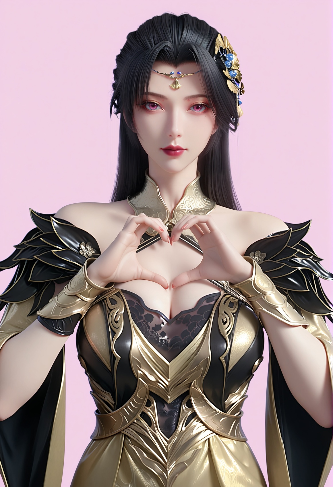 (score_9),<lora:柳如烟-Apony:0.8>,lry,(mature_female),solo,long hair,hair ornament,black hair,mole under eye,detached collar,forehead jewelry,wrist guards,dress,sleeve,<lora:perfect eyes_v1:0.68>,bright pupils,upper body,looking at viewer,front view,light blush,heart hands,<lora:Expressive_H-000001:0.8>,(glamor:1.2),curvy,collarbone,pointy breasts,puffy breasts,large breasts,narrow waist,simple background,pink background,<lora:皮肤凹痕:1.2>