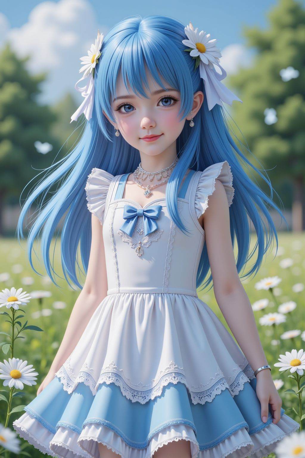 young girl, blue hair, white and blue dress, full body, flowers, outdoors,