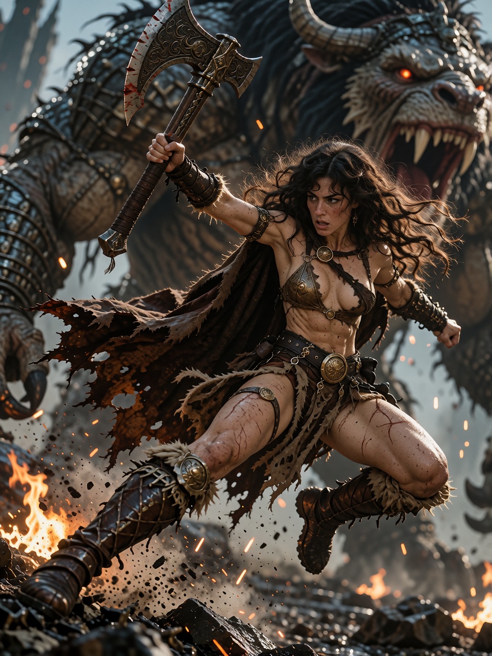 Mariana the Barbarian Princess fighting a colossal ancient beast,  dynamic action pose,  jumping forward with a huge war a...