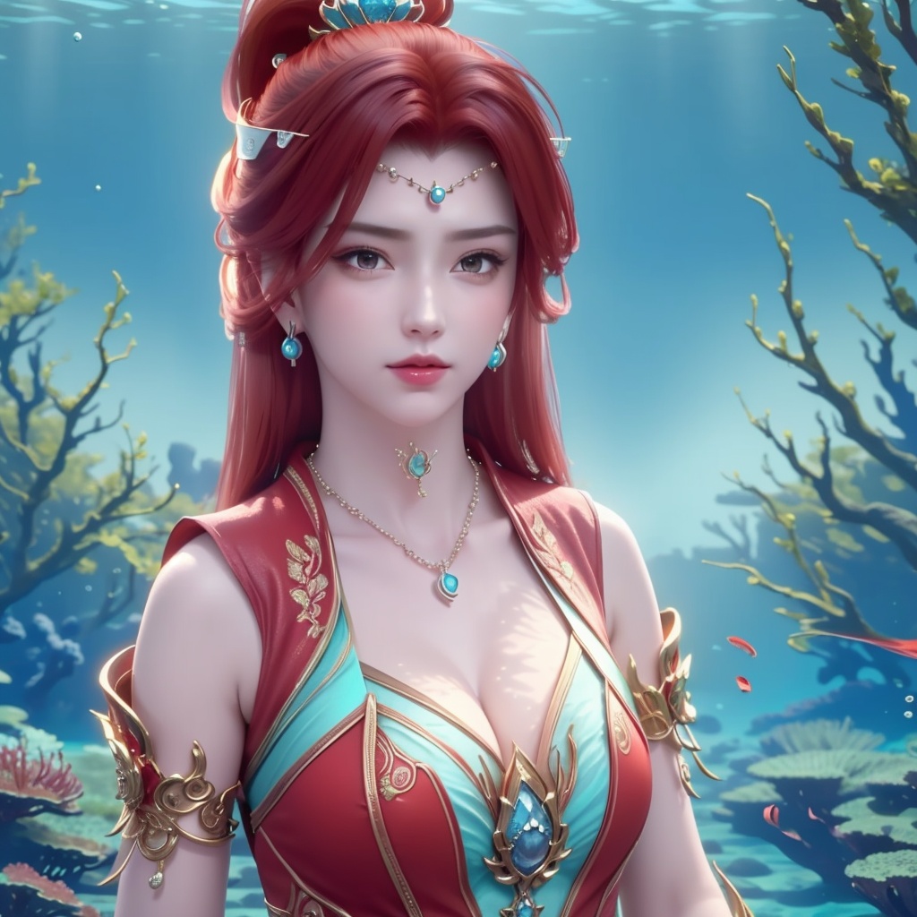 <lora:斗破苍穹-唐火儿:0.8>,red hair,   (,1girl, ,best quality, ),looking at viewer,masterpiece, ((((, solo,  , ,solo focus, ,underwater, )))) ,ultra realistic 8k cg,   clean, masterpiece,     cinematic lighting, cinematic bloom,  (( , )),, , unreal, science fiction, luxury, jewelry, diamond, gold, pearl, gem, sapphire, ruby, emerald, intricate detail, delicate pattern, charming, alluring, seductive, erotic, enchanting, hair ornament, necklace, earrings, bracelet, armlet,,(cleavage),