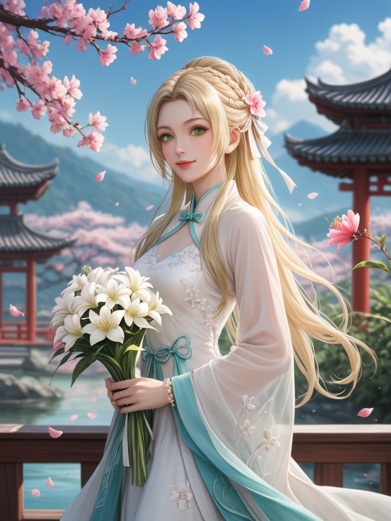 1girl,fox black_hair,blue_sky,blurry,blurry_background,branch,cherry_blossoms,chinese_clothes,day,depth_of_field,flower,hanami,hanfu,lips,long_hair,full body,hanfu,flower,green eyes,,blonde hair,braid,dress,white dress,ahoge,hair intakes,ribbon,closed mouth,white flower,realistic,lips,french braid,from side,sidelocks,white bow,hair bow,bow,white ribbon,field,french braid,frills,green flower,hair flower,hat flower,hibiscus,holding bouquet,holding flower,hydrangea,lily bracelet,flower,outdoors,petals,pink_flower,pink_theme,plum_blossoms,realistic,smile,solo,spring_\(season\),standing,tree,wide_sleeves,, masterpiece, best quality,