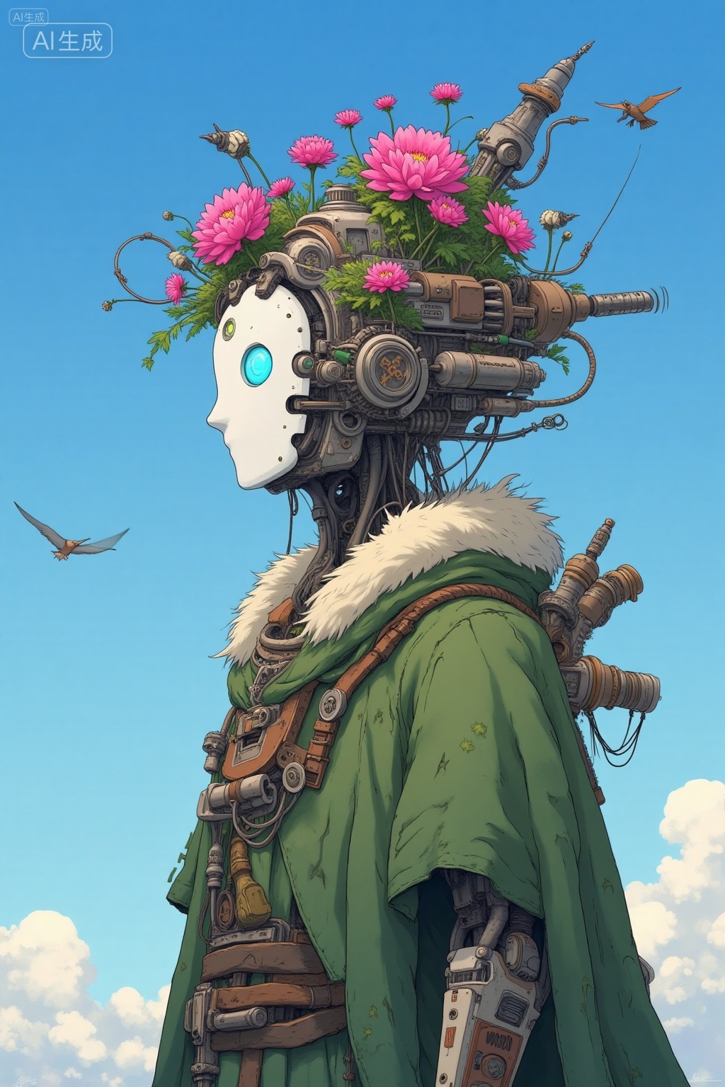 This is a digital drawing in a steampunk style featuring a humanoid robot with intricate mechanical details. The robot has a white,featureless face with a large,glowing blue eye on its forehead. Its head is adorned with a complex array of gears,wires,and mechanical components,interspersed with vibrant pink flowers. The robots body is covered in a green,cloak-like garment with a fur-like collar,and its right arm is partially visible,showing detailed mechanical parts. The background is a clear,blue sky with a few scattered clouds and a small bird in flight. The overall color palette includes greens,browns,pinks,and blues,creating a harmonious,fantastical scene.,, Negative prompt: ng_deepnegative_v1_75t,(badhandv4:1.2),EasyNegative,(worst quality:2),,nsfw, Steps: 20, Sampler: Euler, CFG scale: 3.5, Seed: 1090223011, Size: 1024x1536, Model hash: 8cba4f1ef4, Model: F.1基础算法模型-哩布在线可运行_F.1-dev-fp8.safetensors, Denoising strength: 0, RNG: CPU, Lora 1: 56756879, Lora Hash 1: 6dc067ab07, Lora Weight 1: 0.8, vae_name: automatic