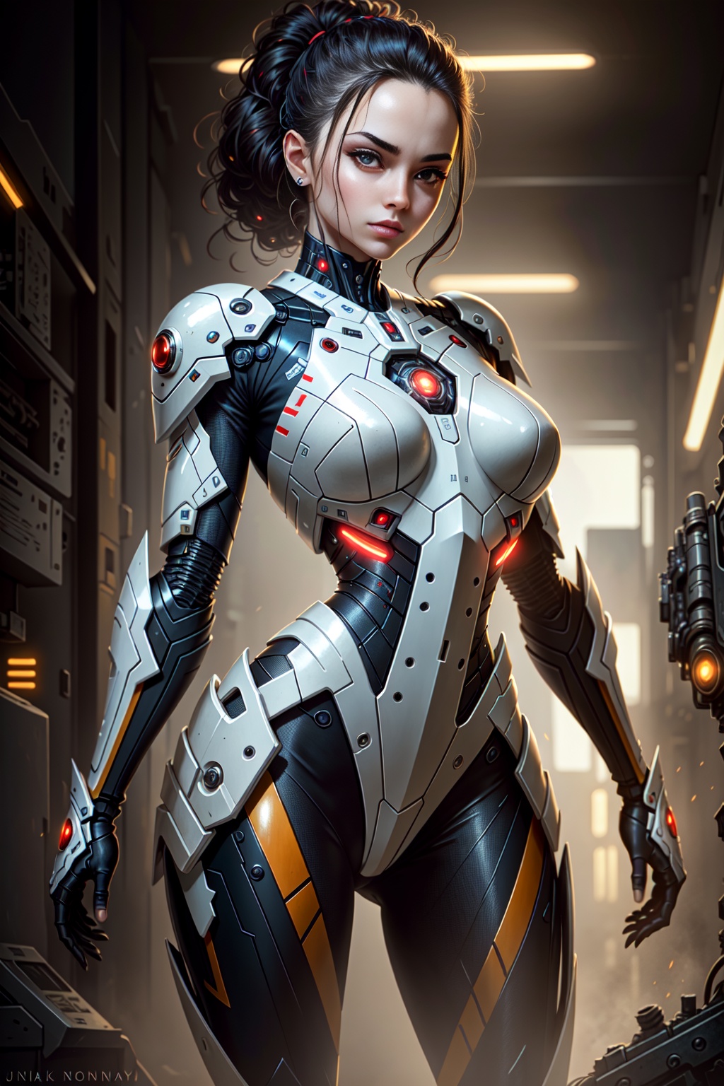((best quality)), ((masterpiece)), (detailed),  Midjourney Style, close-up, woman, robot, red eyes, concept art, inspired by Marek Okon, digital art, Crysis Nanosuit, futuristic, (glowing elements:1.1), 4:3 aspect ratio, dynamic duo, <lora:flonixMJStyle_v10:0.3>