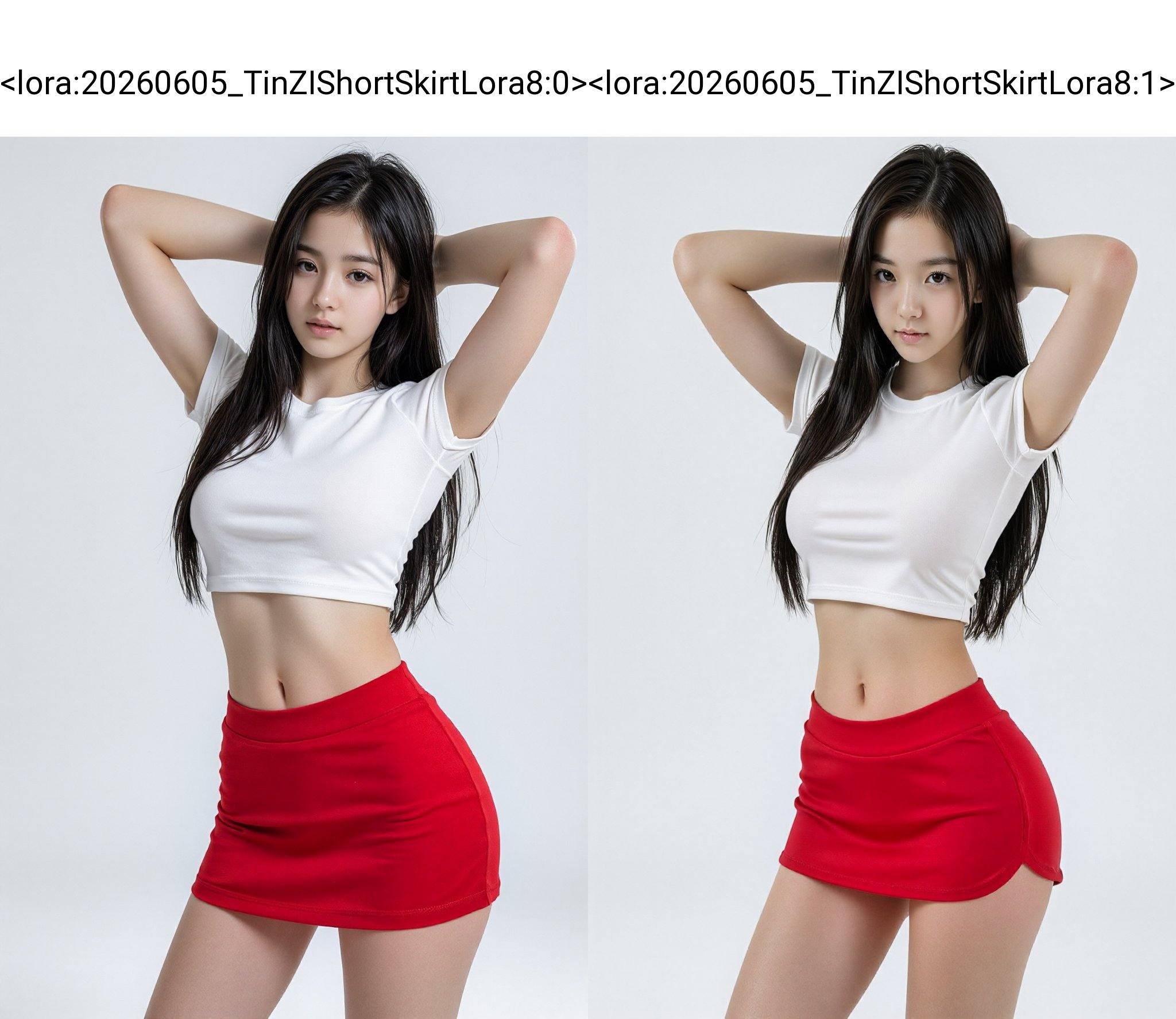 A portrait of a slender young woman with long,  straight dark hair posing against a stark white studio background. She wea...