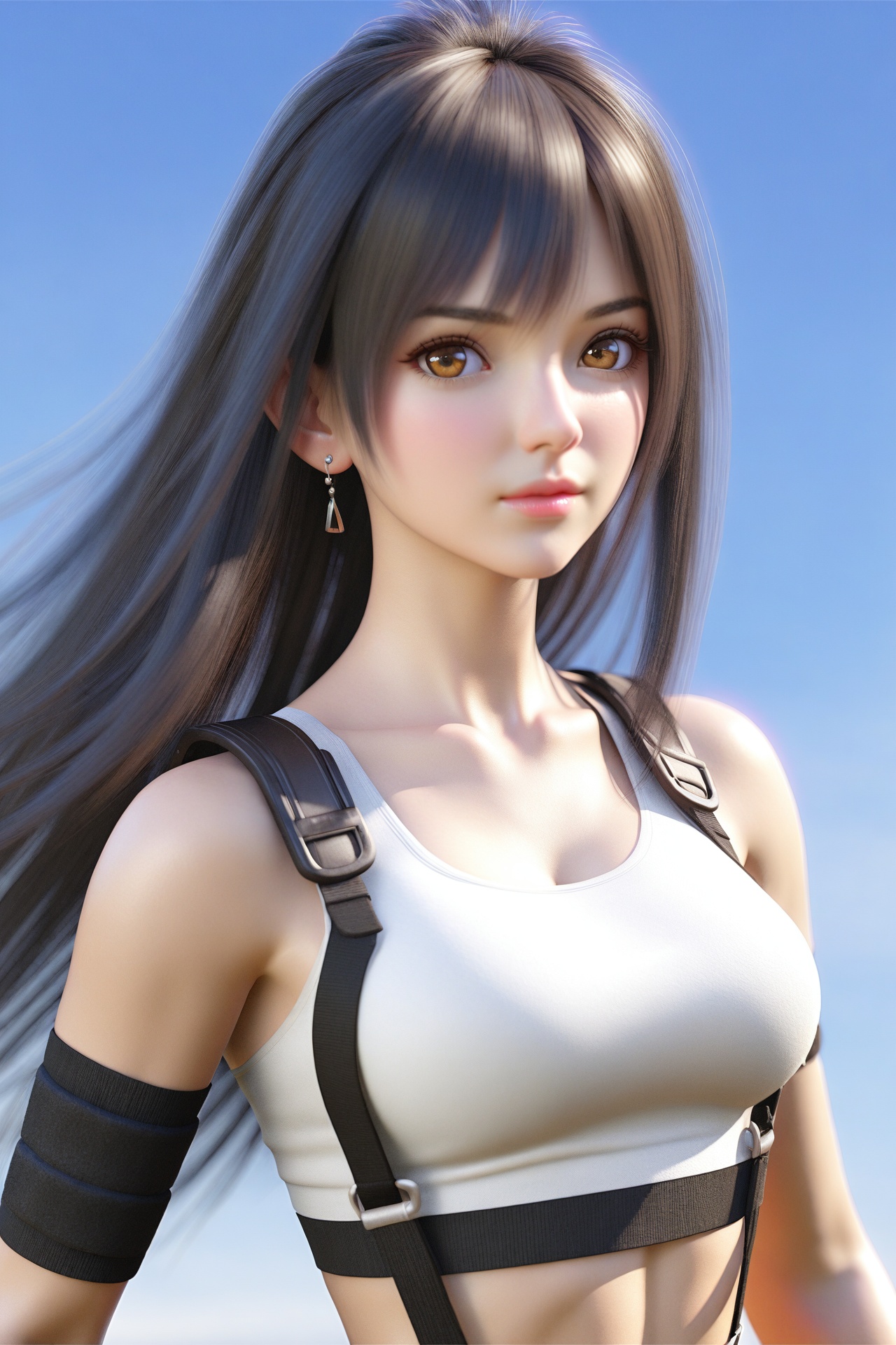 (masterpiece),(best quality),illustration,ultra detailed,hdr,Depth of field,(colorful),realistic,octane render,3D CG,1girl,tifa lockhart,solo,long hair,earrings,black hair,jewelry,suspenders,crop top,breasts,looking at viewer,upper body,brown eyes,bangs,shirt,gloves,elbow gloves,midriff,elbow pads,medium breasts,lips,**** top,blue background,white **** top,artist name,bare shoulders,closed mouth,white shirt,sports bra,sleeveless,