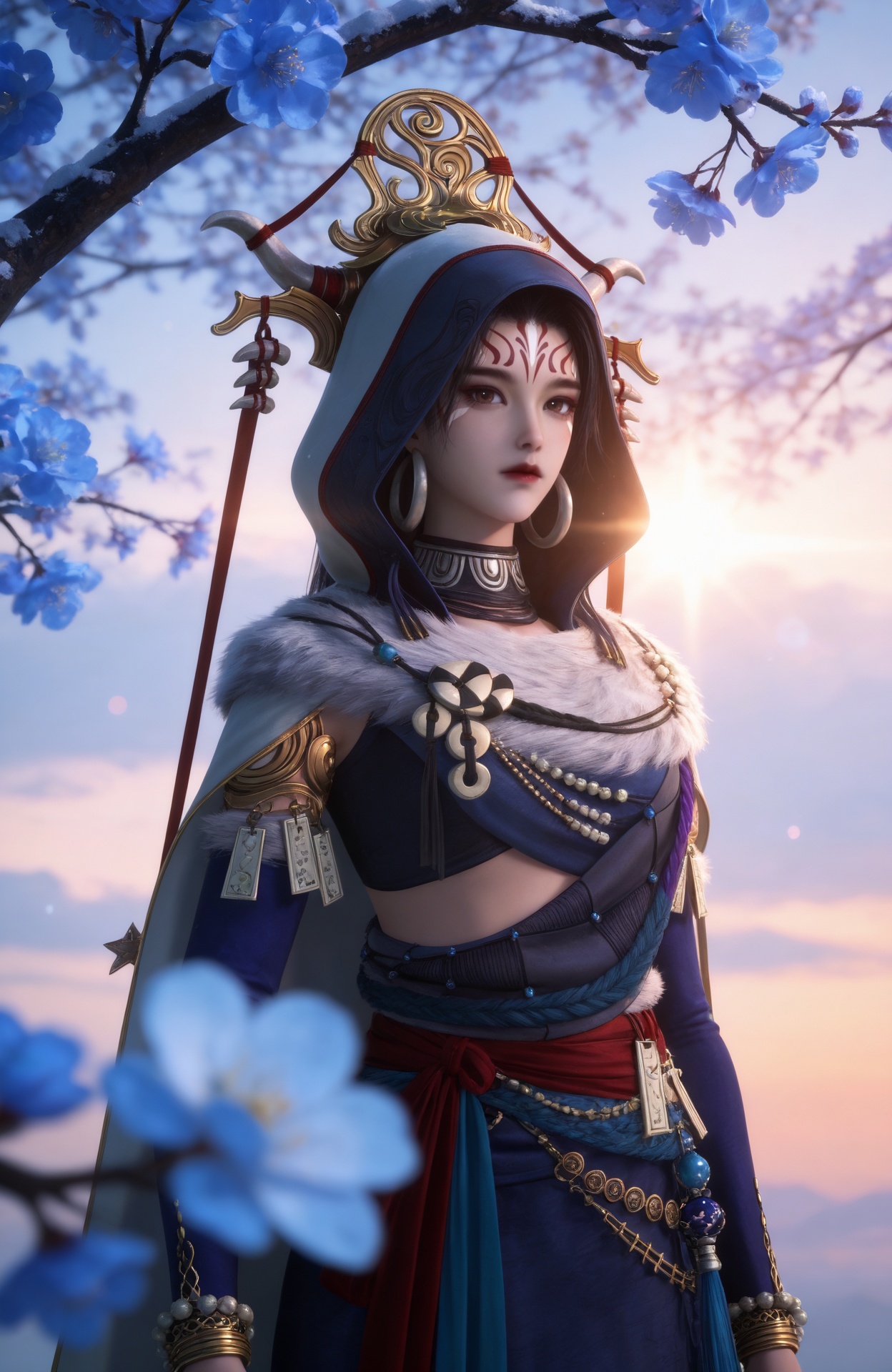 realistic style photo,outstanding style,Use soft lighting to cast gentle shadows on the subject,adding a touch of dimension to your images without compromising details,whirls of vapor,(Anime:1.1),soft neon light,ethereal ambiance,delicate details,magical atmosphere,concept art,highly detailed,ultra-high resolution,32K UHD,sharp focus,best-quality,masterpiece,golden hour,unconventional supreme masterpiece,masterful details,temperate atmosphere,with a high-end texture,in the style of fashion photography,magazine style,Dynamic Angle,Dynamic posture,magazine style,Dynamic Angle,Dynamic posture,(cowboy_shot:1.2),eye trail,depth of field,cinematic lighting,lens flare,extreme aesthetic,(wlop:0.6),(honjou raita,lack,rella,wanke:0.5),masterpiece,best quality,good quality,newest,very aesthetic,absurdres,Visual impact,A shot with tension,ultra-high resolution,32K UHD,sharp focus,best-quality,masterpiece,Emotionalization,unconventional supreme masterpiece,masterful details,temperate atmosphere,with a high-end texture,in the style of fashion photography,(Visual impact:1.2),giving the poster a dynamic and visually striking appearance,<lora:师兄-后土娘娘IL:0.8>,1girl,hood,black hair,horns,hoop earrings,brown eyes,cape,hood up,necklace,blue dress,facial mark,long skirt,long sleeves,sash,bracelet,jewelry,fur trim,, solo,  upper body, blue flower, looking at viewer, snowflakes, closed mouth, branch,