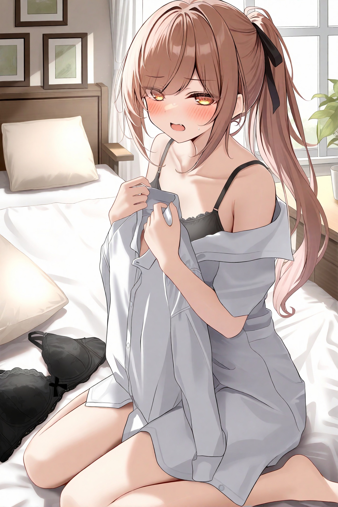 Monaka Curl, 1girl, solo, long hair, looking at viewer, indoors, sitting, blush, ponytail, shirt, wariza, holding, open mouth, on bed, white shirt, hair ribbon, brown hair, brown eyes, off shoulder, ribbon, pillow, bed sheet, black ribbon, holding shirt, collarbone, yellow eyes, window, sidelocks, holding clothes, picture frame, black bra, bra, barefoot, bare shoulders, underwear
