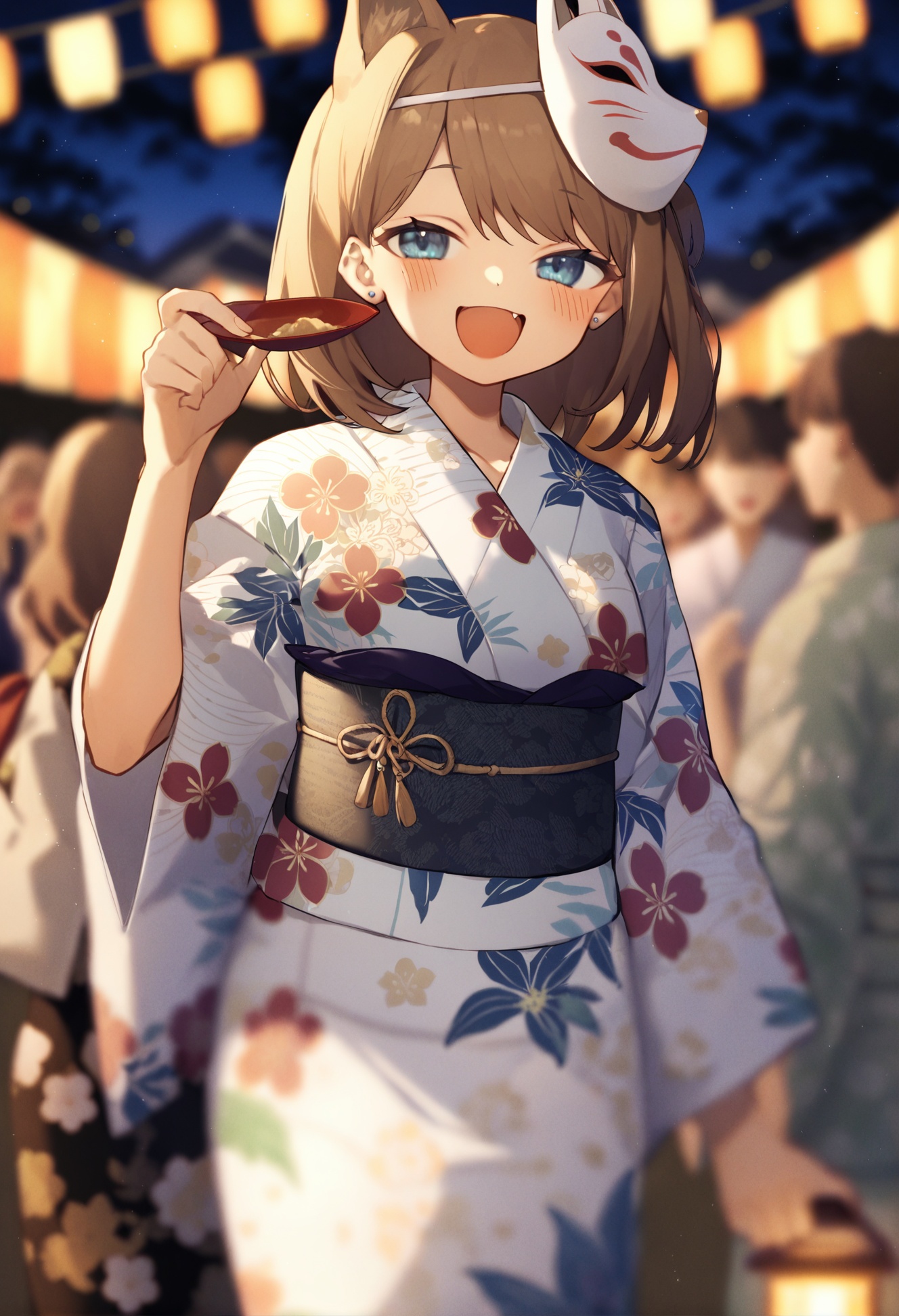 masterpiece, best quality,japanese clothes, kimono, 1girl, mask, fang, fox mask, smile, blurry, blue eyes, night, blush, mask on head, brown hair, yukata, floral print, jewelry, blurry foreground, open mouth, earrings, depth of field, :d, lantern, bangs, holding, upper body, signature, looking at viewer, print kimono, festival, solo, outdoors, blurry background, white kimono, stud earrings, summer festival<lora:potgXLlokr4f-000143:1>