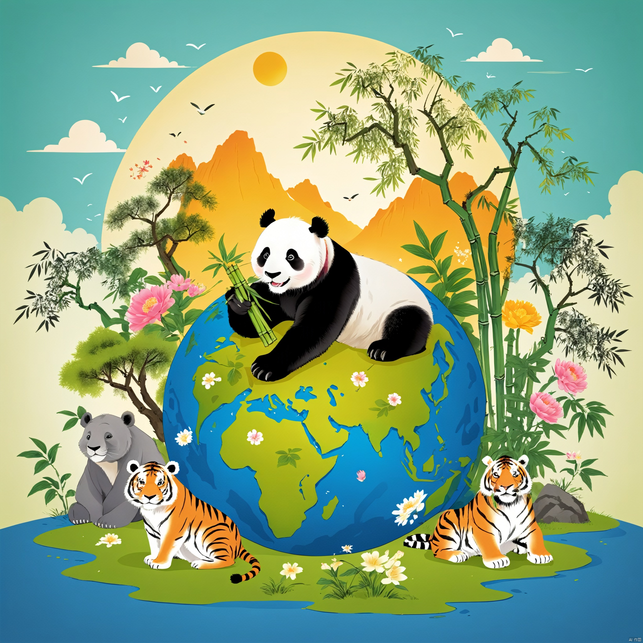 Earth Day poster,  flat illustration,  super cute Chinese giant panda eating bamboo and tiger,  lion,  elephant in green spherical earth,  trees,  flowers,  landscapes,  blue,  green,  yellow,  simple background,  center composition,  bright colors,  light and shade contrast,  ultra high detail,  4k,  flat illustration,  traditional chinese ink painting