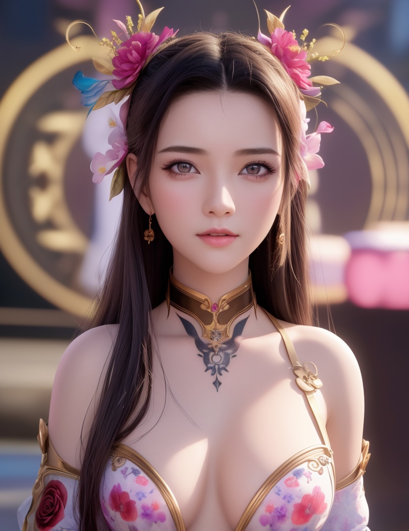 <lora:528-DA-万古狂帝-林柔:0.8>(,1girl, ,best quality, ),looking at viewer,  ,,ultra detailed background,ultra detailed background,ultra realistic 8k cg,, ,masterpiece, (( , )),ultra realistic 8k cgSurrounded by strange, movie perspective, advertising style, Colorful background, splash of color A beautiful woman with delicate facial features,tattoo all over body, flower arms,