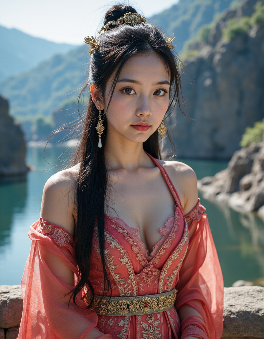 HDR photo, High dynamic range, vivid, rich details, clear shadows and highlights, realistic, intense, enhanced contrast, highly detailed, outdoors, 1girl, solo, jewelry, dress, earrings, hair ornament, chinese clothes, black hair, hair bun, rock, long hair, mountain, outdoors, water, looking at viewer