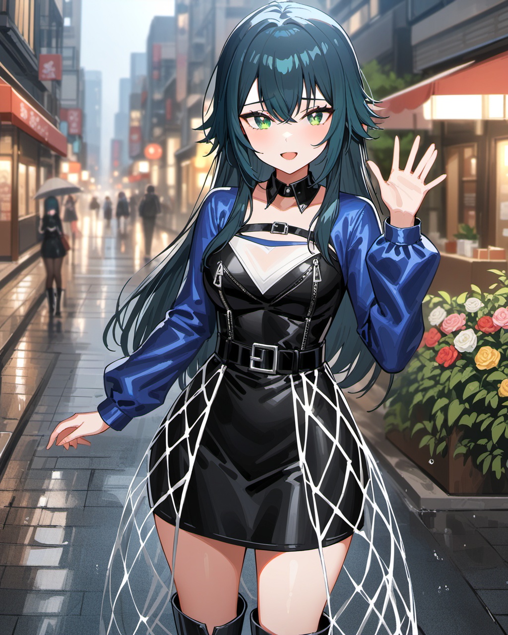 (impasto),best quality,masterpiece,highres,<lora:gakuenidolmaster1-A3:0.5>,temari tsukimura,temari three,(whtie long net cover skirt:1.2),1girl,green eyes,long hair,looking at viewer,black footwear,standing,long sleeves,black belt,knee boots,black dress,belt,black hair,outdoor,city,rainning,waving,:d,upper body,looking at viewer,((blurry foreground,flowers,blue sleeves)),