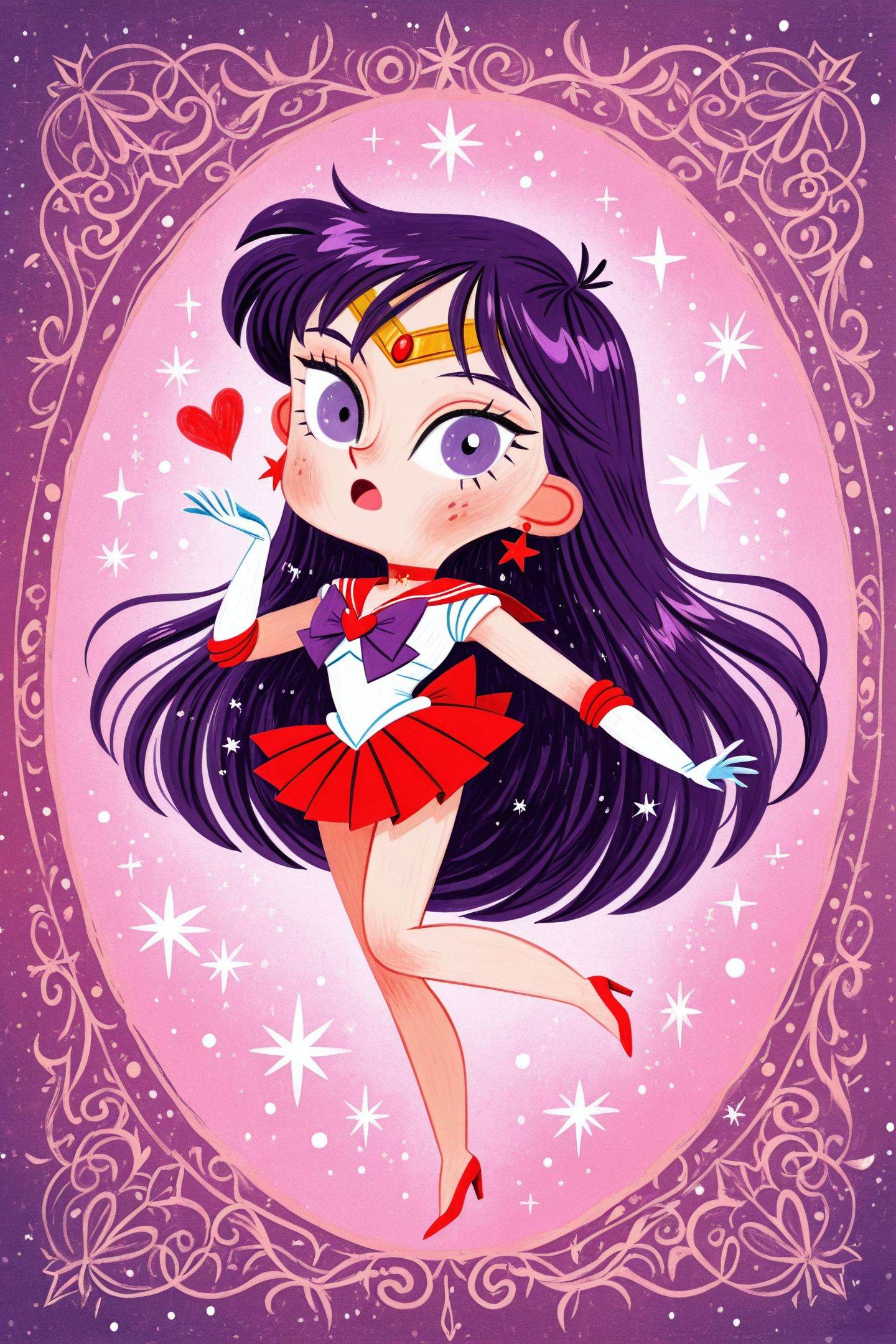 David SierrDavid Sierra Liston Style,1girl,sailor mars,sailor senshi uniform,solo,hino rei,long hair,magical girl,gloves,skirt,jewelry,red skirt,red sailor collar,earrings,white gloves,purple eyes,traditional media,bow,elbow gloves,tiara,sailor collar,purple hair,heart,full body,bare legs,purple bow,pleated skirt,open mouth,star \(symbol\),very long hair,brooch,choker,chibi,<lora:David Sierra Liston_illustriousXL:1>,