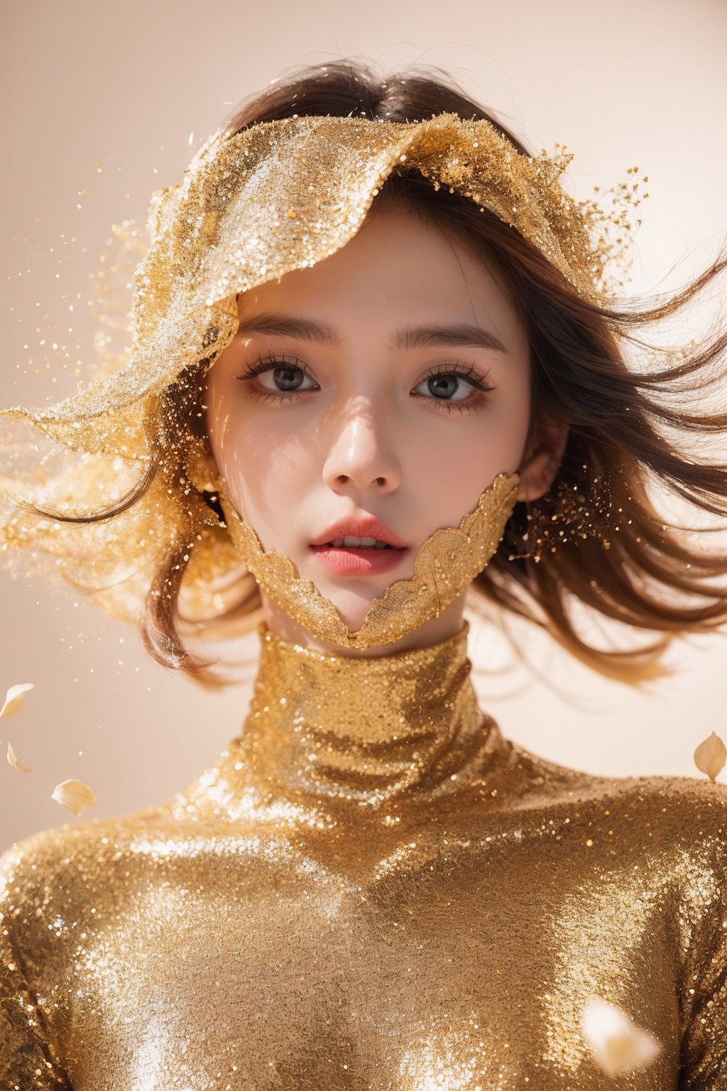 (1girl:1.1),stars in the eyes,(pure girl:1.1),(full body:0.6),There are many scattered luminous petals,contour deepening,white_background,cinematic angle,gold powder,<lora:jin_20231226224140-000003:0.7>, 