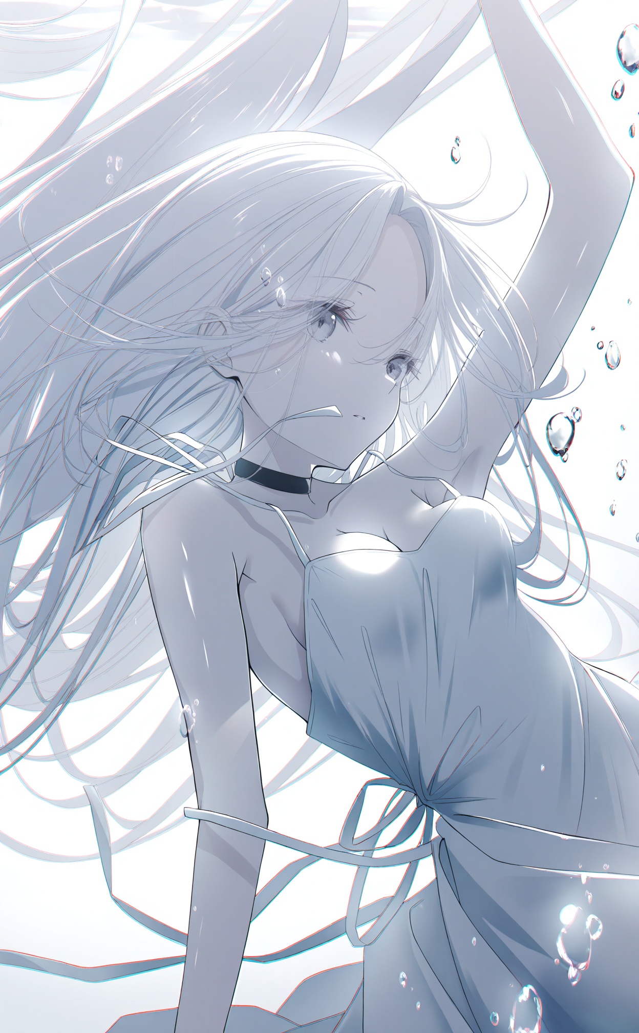 masterpiece,highres,absurdres,newest,best quality,loli,petite,high quality,chromatic_aberration,shiny_skin,//,1girl,solo,long_hair,underwater,dress,bubble,air_bubble,white_dress,arm_up,very_long_hair,bare_arms,sleeveless_dress,bare_shoulders,parted_lips,sleeveless,floating_hair,submerged,white_hair,sundress,grey_theme,choker,parted_bangs,//,medium breasts,bouncing breasts,cleavage,bare shoulders,//,<lora:aestivation——【noob】hans:1>,