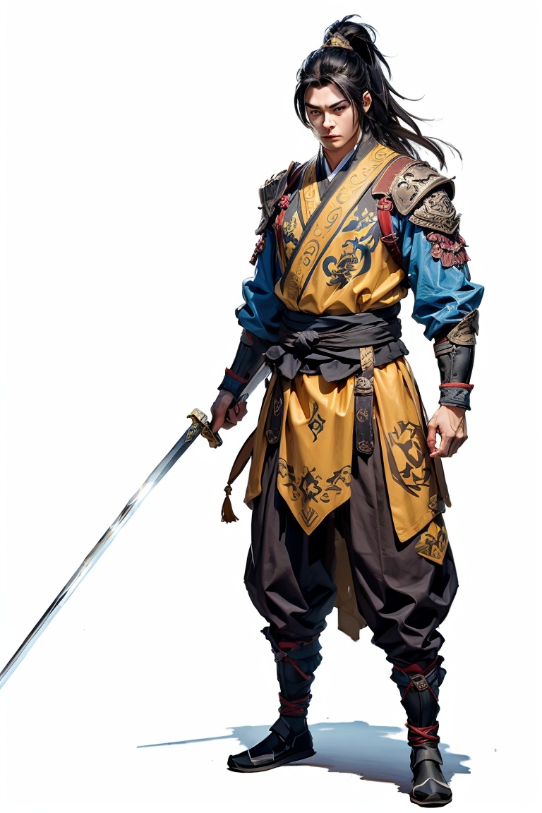 JYGL 1boy black hair full body hair ornament holding holding sword holding weapon katana long hair male focus ponytail simple background solo standing sword topknot weapon white background,<lora:金庸古龙20240110-1704831963137-0010:0.8>,