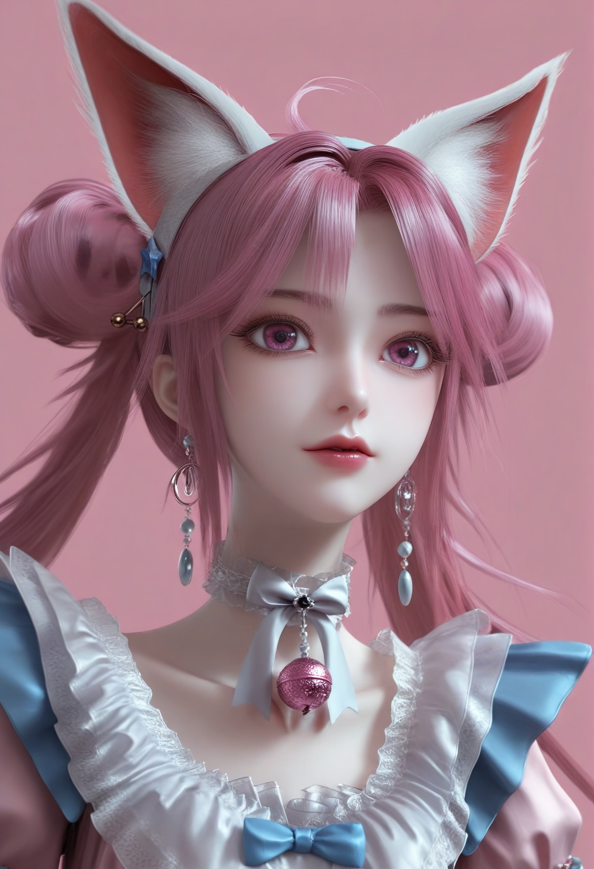(score_9),<lora:小狸-Apony:0.86>,xiaohuli,solo,animal ear fluff,fox ears,double bun,long hair,twintails,pink hair,ahoge,hairband,earrings_ring,lipstick,choker,neck bell,frills,jewelry,earrings,maid dress,bow,<lora:perfect-eyes:0.8>,pink eyes,(((arms_behind_back))),(mature_female:1.1),mature,collarbone,<lora:e色温:0.5>,(white_skin),(fair_skin),<lora:e肤色滑块:0.5>,front view,light blush,simple background,(huge filesize:1.1),(wallpaper:1.1),(game cg:1.1),rim light,pink background,<lora:Expressive_H:0.8>,<lora:detailed_notrigger:1>,<lora:皮肤凹痕:1.2>,<lora:身材滑块:1>,