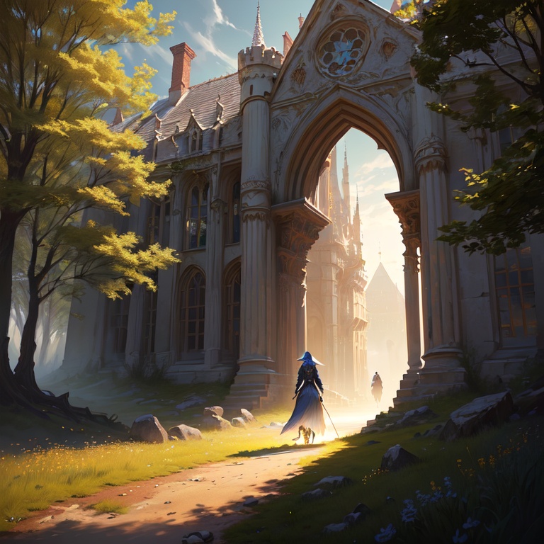 wallpaper of a sorceress walking in a field, castle, character focus, volumetric lighting, masterpiece, realistic, trending on artstation, highres, fantasy