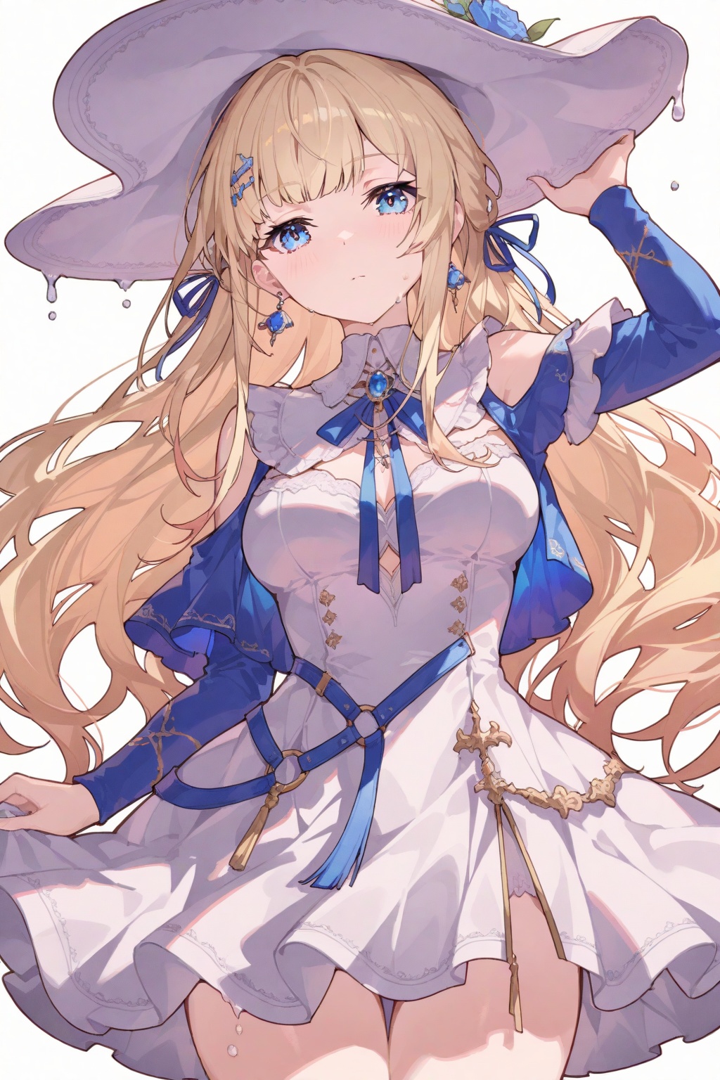 crisp,gwwj,Mika Pikazo,ezu,melting,Tender,1girl,blonde hair,solo,blue eyes,hat,long hair,white background,dress,white headwear,looking at viewer,white dress,simple background,blush,bangs,hair ornament,jewelry,earrings,long sleeves,ribbon,closed mouth,breasts,cowboy shot,blue ribbon,sun hat,