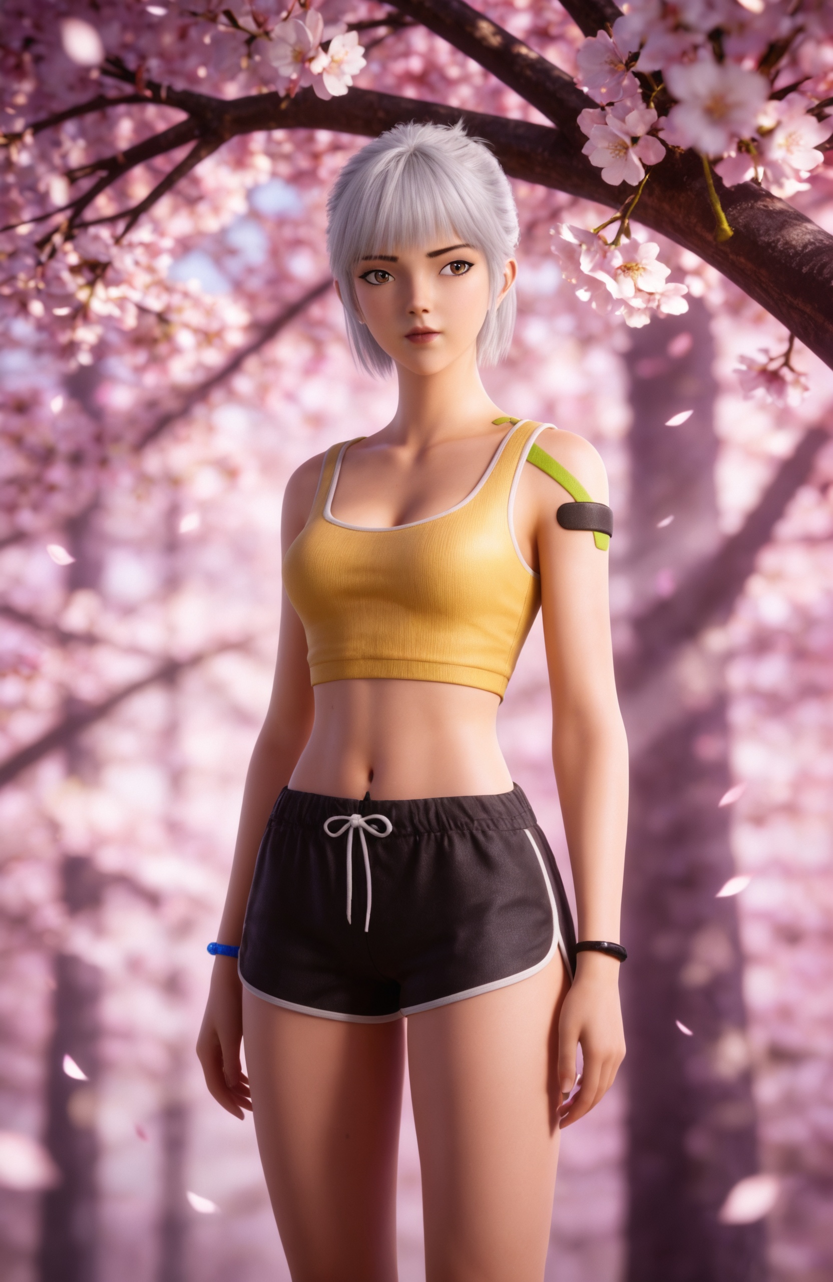 <lora:灵笼-白月魁-休闲Pony:0.7> 1girl, short hair, brown eyes,white hair, lips,yellow **** top,  cleavage, crop top, midriff,  tattoo, navel, black shorts, bare legs,white socks, white footwear,, realistic style photo,outstanding style,Use soft lighting to cast gentle shadows on the subject,adding a touch of dimension to your images without compromising details,whirls of vapor,(Anime:1.1),soft neon light,ethereal ambiance,delicate details,magical atmosphere,concept art,highly detailed,ultra-high resolution,32K UHD,sharp focus,best-quality,masterpiece,golden hour,unconventional supreme masterpiece,masterful details,temperate atmosphere,with a high-end texture,in the style of fashion photography,magazine style,Dynamic Angle,Dynamic posture,magazine style,Dynamic Angle,Dynamic posture,(cowboy_shot:1.2),eye trail,depth of field,cinematic lighting,lens flare,close-up,extreme aesthetic,(wlop:0.6),(honjou raita,lack,rella,wanke:0.5),masterpiece,best quality,good quality,newest,year 2025,very aesthetic,absurdres,Visual impact,A shot with tension,ultra-high resolution,32K UHD,sharp focus,best-quality,masterpiece,Emotionalization,unconventional supreme masterpiece,masterful details,temperate atmosphere,with a high-end texture,in the style of fashion photography,(Visual impact:1.2),giving the poster a dynamic and visually striking appearance,, 1girl, solo, tree, branch, sunlight, outdoors, looking at viewer, blurry,  standing, blurry foreground,sun light,Tyndall,cherry blossom,