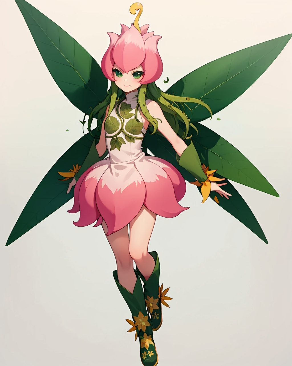 masterpiece,best quality, highly detailed, lilimon,1girl, solo, green wings, digimon (creature), gloves, smile, green footwear, traditional media, boots, flower, monster girl, plant, leaf, dress, simple background, white background, full body,<lora:lilimon:1>
