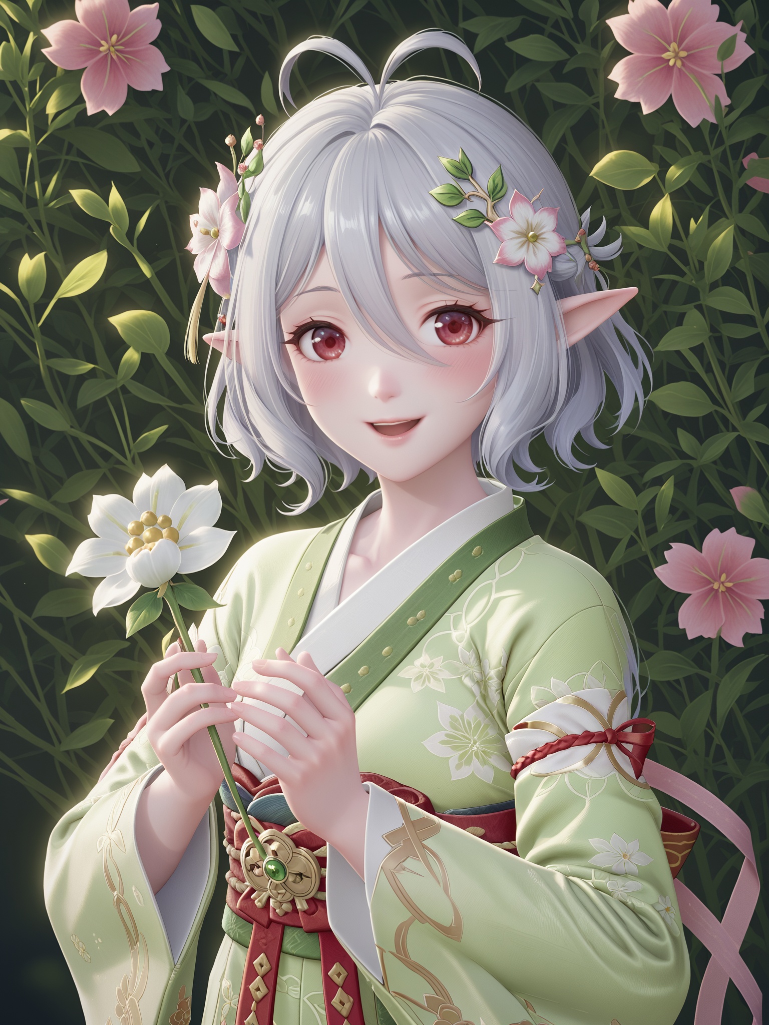score_10,score_9,score_8_up,score_7_up,1girl,kokkoro (princess connect!),solo,flower,japanese clothes,hair ornament,hair flower,smile,kimono,hair between eyes,holding,antenna hair,wide sleeves,elf,white kimono,upper body,short hair,long sleeves,pointy ears,open mouth,green kimono,blush,looking at viewer,egasumi,twitter username,:d,red flower,pink flower,ribbon trim,grey hair,ribbon-trimmed sleeves,miko,red eyes,white flower,white hair,