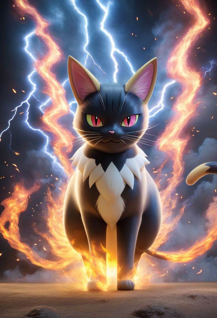 Pokemon (Cat), Standing, Fire, Full Body, Smoke, Lightning, HD, Masterpiece, best quality