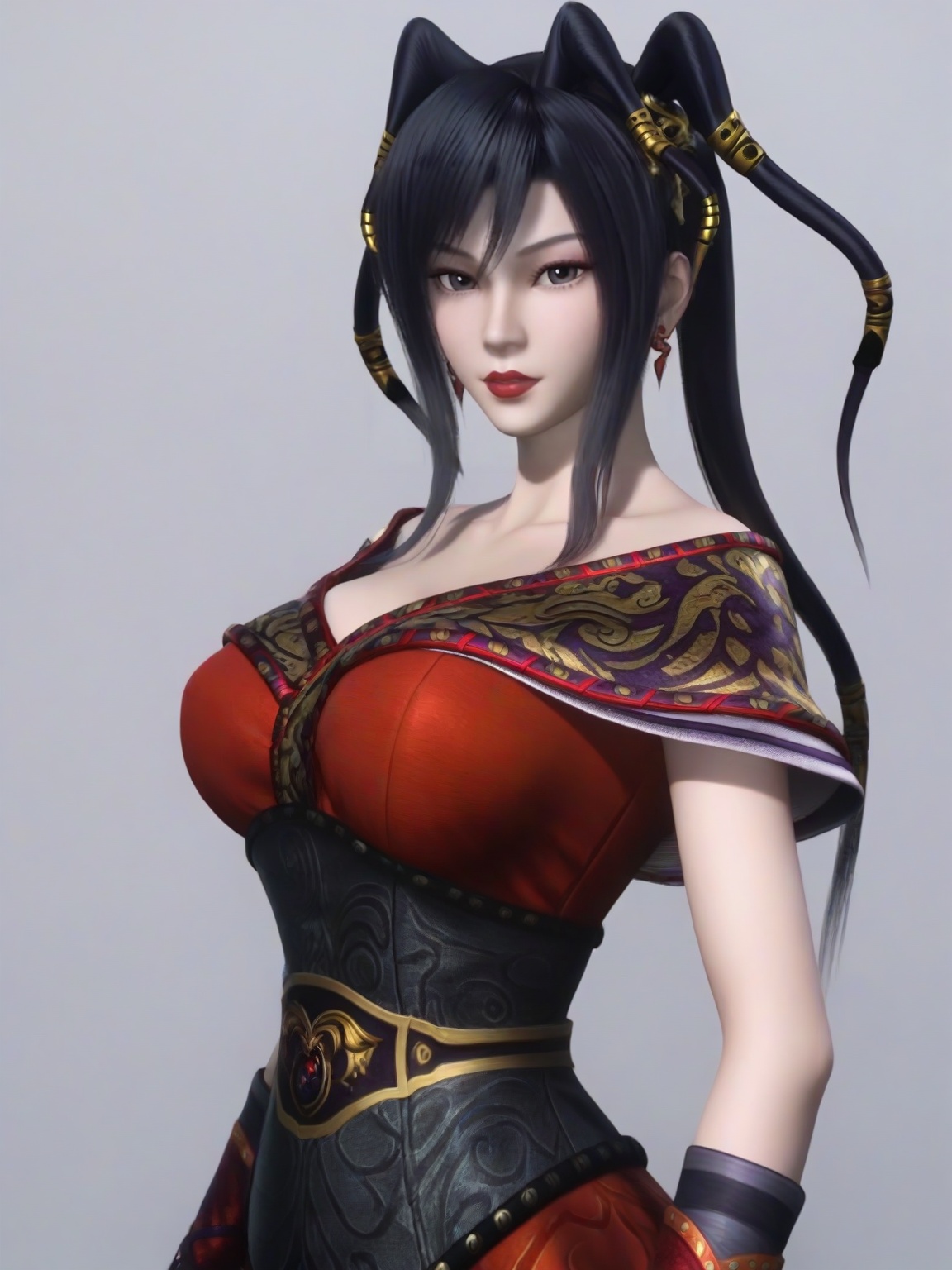 score_9,1girl,solo,red dress,long hair,standing,long hair,black hair,earrings,hair ornament,bangs,large breasts,standing,lipstick,upper body,looking at viewer,simple background,<lora:SF_ChiLian_Pony_Realism2.3:0.7>,