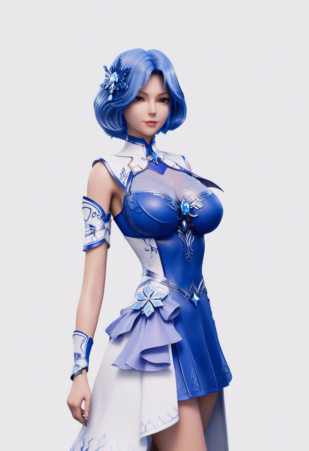 score_9,<lora:SF_LinJiaLu_Pony_Realism2.3-000003:0.7>,1girl,solo,hair ornament,short hair,large breasts,blue hair, dress,standing,looking at viewer,white background,simple background,
