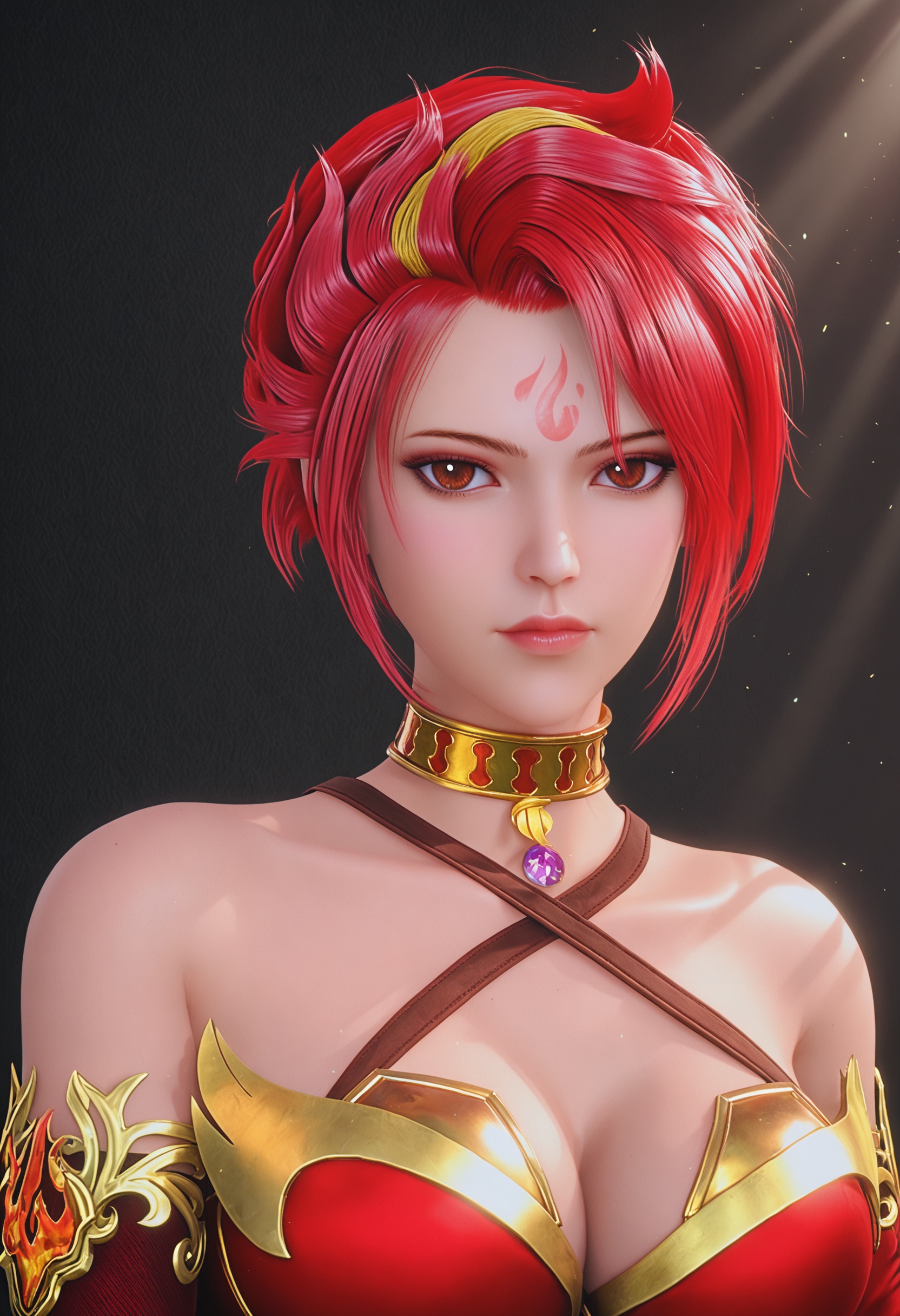 perfect_anatomy,(score_9:1.1),(upper_body:1.1),looking_at_viewer,<lora:YQ_pony_huowu_V3:0.8>,1girl,q1528437228,solo,red hair,short hair,bare shoulders,choker,breasts,brown eyes,facial mark,dress,jewelry,red dress,cleavage,detached sleeves,forehead mark,halterneck,collar,elbow gloves,realistic,red eyes,hair ornament,skirt,perfect_anatomy BREAK (perfect_anatomy:1.1),mature female,(simple background,pure black background,black background:1.1),(shiny_skin),(Ivory_skin:1.1),(cinematic lighting),(sunlight, sunset, lens flare, light rays, sunbeam, glowing, light particles, shiny clothes, light, dappled sunlight, twilight, moonlight, bloom, light stick, sunbathing, lens flare abuse, outer glow, :0.9),