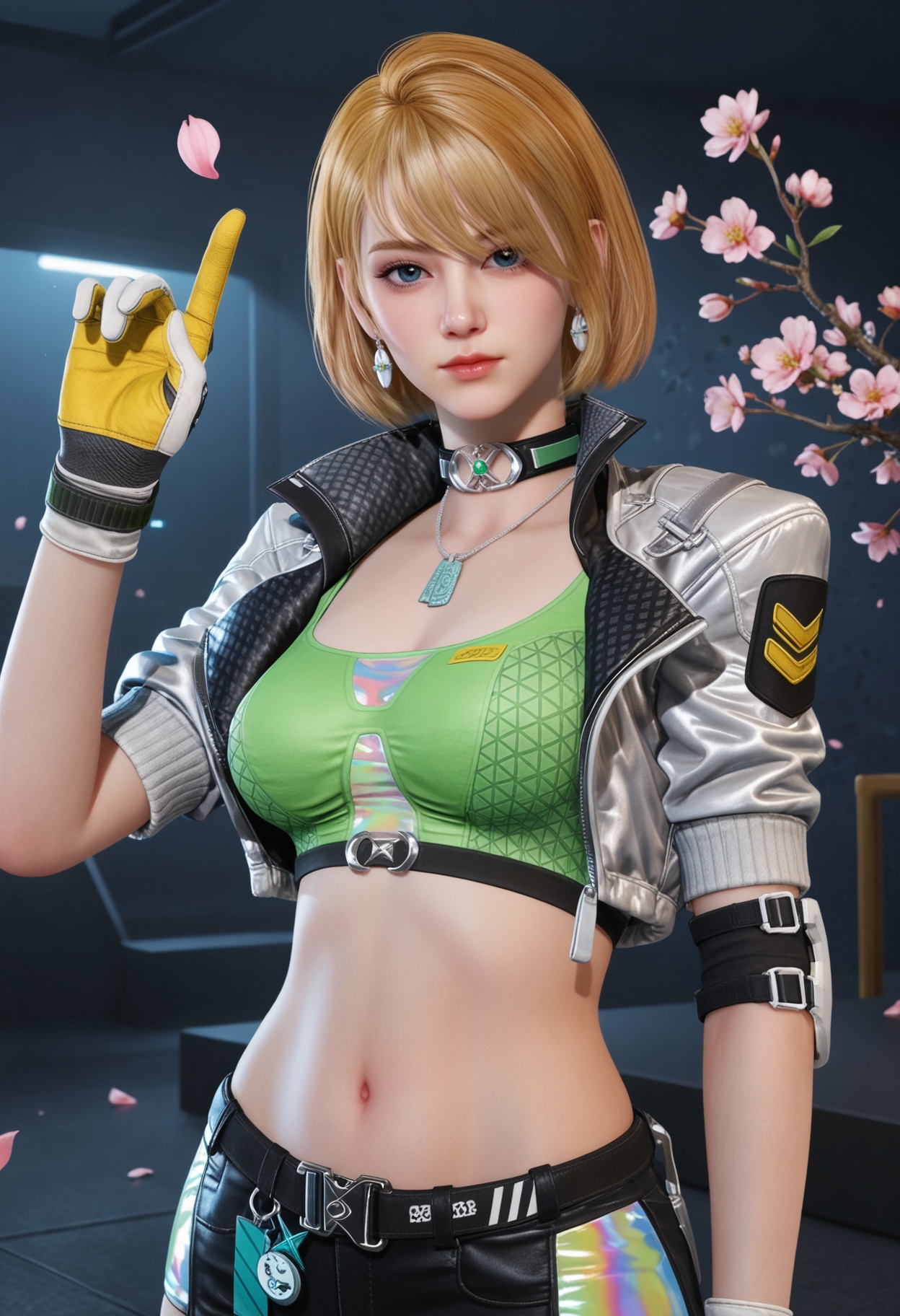 (upper_body:1.2),looking at viewer:1.1,masterpiece,(best quality),smog,Dark room,dim lighting,peach blossom,falling petals,<lora:YQ_Illustrious光辉v5_茉莉_V1:0.8>,q1528437228,1girl,blonde hair,jacket,short hair,solo,gloves,jewelry,cropped jacket,crop top,earrings,choker,shorts,short shorts,open jacket,black shorts,boots,dog tags,knee pads,blue eyes,necklace,white gloves,belt,
