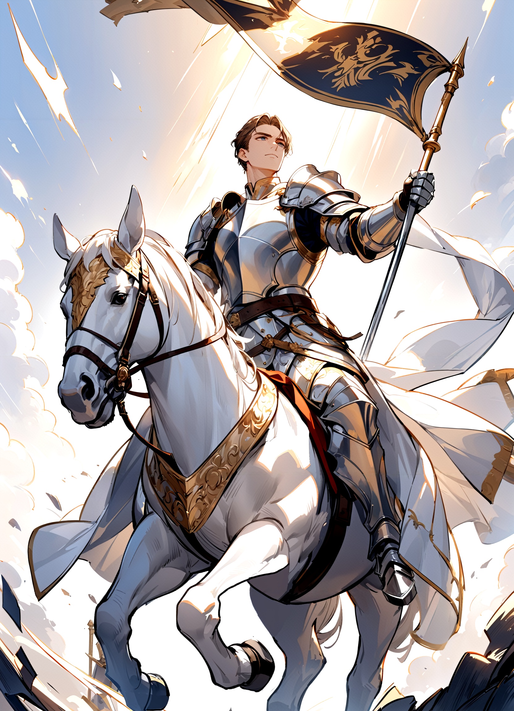 riding horse,holding flag,handsome,from below,An illustration featuring a gallant knight, poised to deliver a courageous strike. The knight is dressed in shining armor, exuding strength and bravery. With a firm grip on his sword, he raises it high above his head, ready to unleash a powerful and valiant attack. His expression is focused and determined, reflecting his unwavering resolve. The color palette chosen for this image includes deep shades of silver and gold, emphasizing the knight's regal and noble presence. The overall result is a culturally rich portrayal of a dashing knight delivering a heroic blow, beautifully rendered in a style that captures the essence of chivalry and valor.