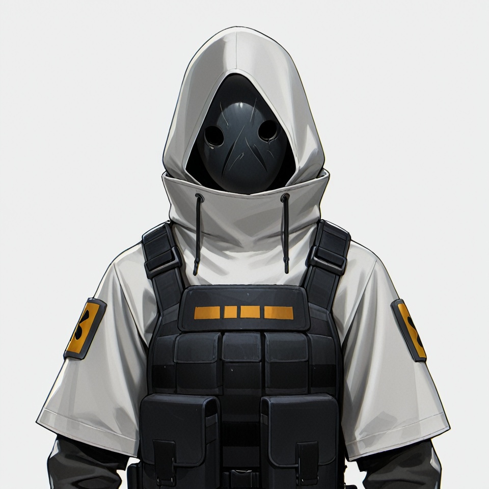 masterpiece, best quality,solo,(white background:1.2),simple background,1girl,looking at viewer,       Reunion Movement uniform,logo,arm wrap,short sleeves,armor,black pants,white hooded jacket,gloves,weapon,boots,hood up,mask,knife,knee pads,tactical clothes,bulletproof vest<lora:【粥】整活运动-杂兵制服-ill20:0.8>