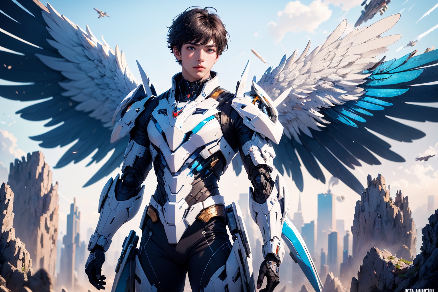 1boy,concept artwork,black hair,(a lonely solo boy:1.4),sky,wing,wings with fans,graphics card fan,strong male mecha warrior,mighty and domineering,cool mecha,32k,blue and white color scheme,white armor,white_background,standing,cowboy_shot,<lora:ASuo_v1:1>,