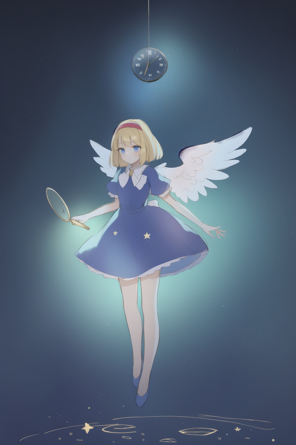 a 1girl with angel wings and a clock in the background with fireworks and stars around her, and a clock in the middle of the image, Alice Prin, elysium, a detailed drawing, neo-romanticism