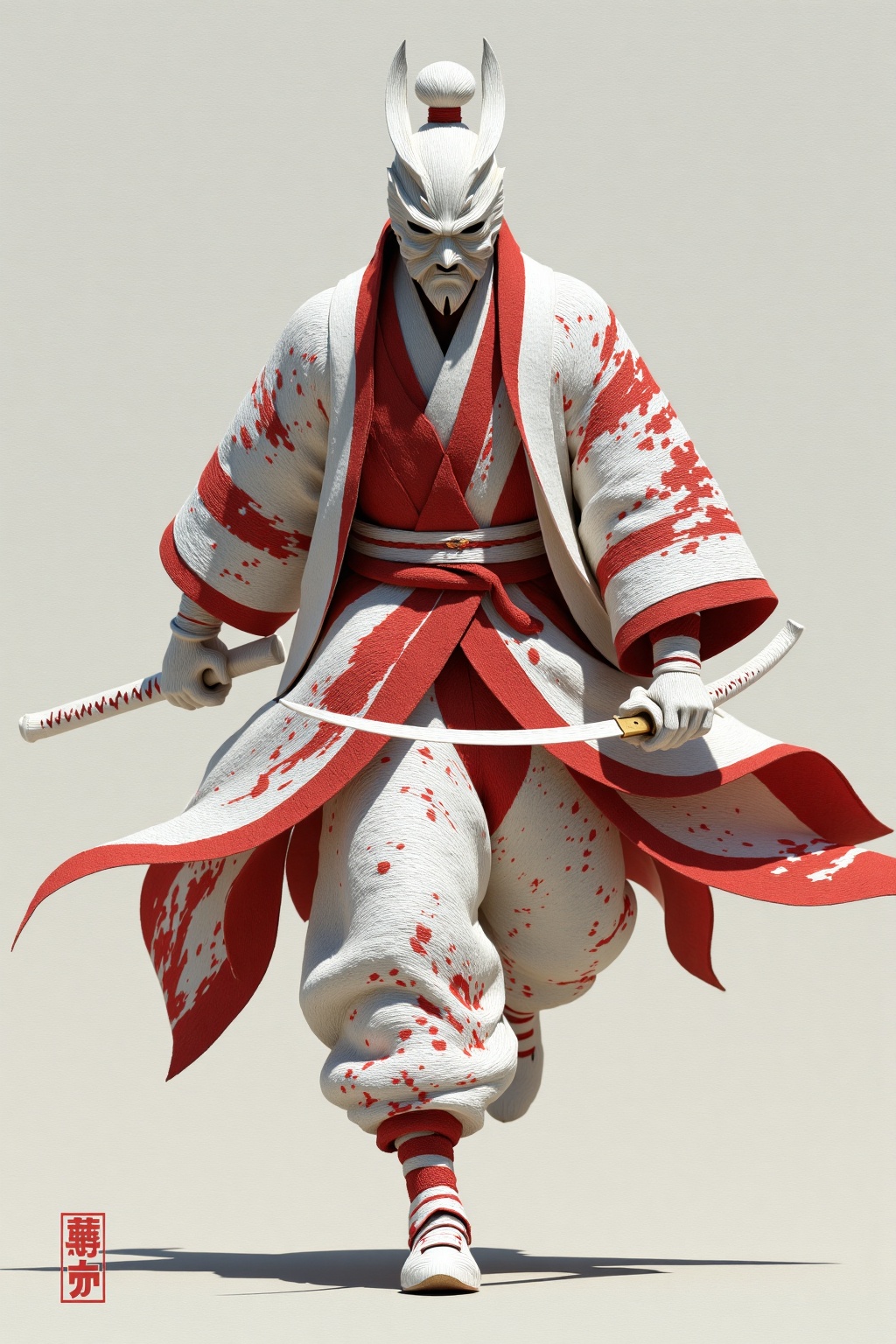 beijihui,a man dressed in a red and white kimono,adorned with a white mask and a red belt. He is holding a white sword in his right hand,adding a pop of color to the scene. The backdrop,a stark white wall,is adorned with red paint splattered across it.,