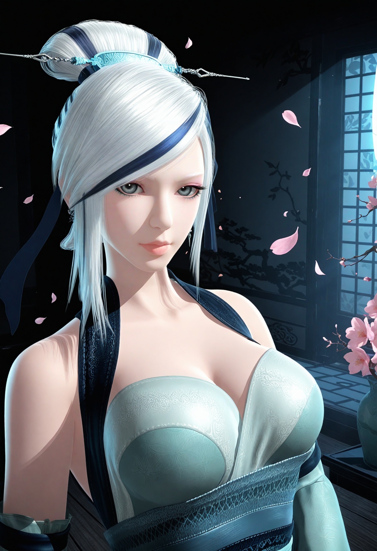 (looking at viewer:1.1),upper body,(Dark room:1.3),(moody lighting:1.1),peach blossom,falling petals,(large breasts:0.8),xiaomeng,1girl,solo,white hair,hair ornament,bare shoulders,grey eyes,lips,single hair bun,dress,earrings,cleavage,jewelry,detached sleeves,streaked hair,hair stick,makeup,wide sleeves,high_heels BREAK masterpiece,(best quality),(intricate details:0.9),(realistic skin:1.2),<lora:QQSillxiaomengV1:0.8>,