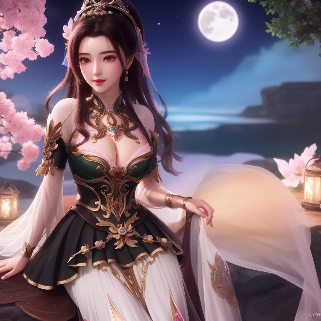 <lora:715-DA-师兄啊师兄-龙吉:0.8>(,1girl, ,best quality, ),looking at viewer,  ,ultra detailed background,ultra detailed background,ultra realistic 8k cg,, ,masterpiece, (( , )),, ,   ,   cure blossom, full moon,night,night sky,  (cleavage), (), ,,