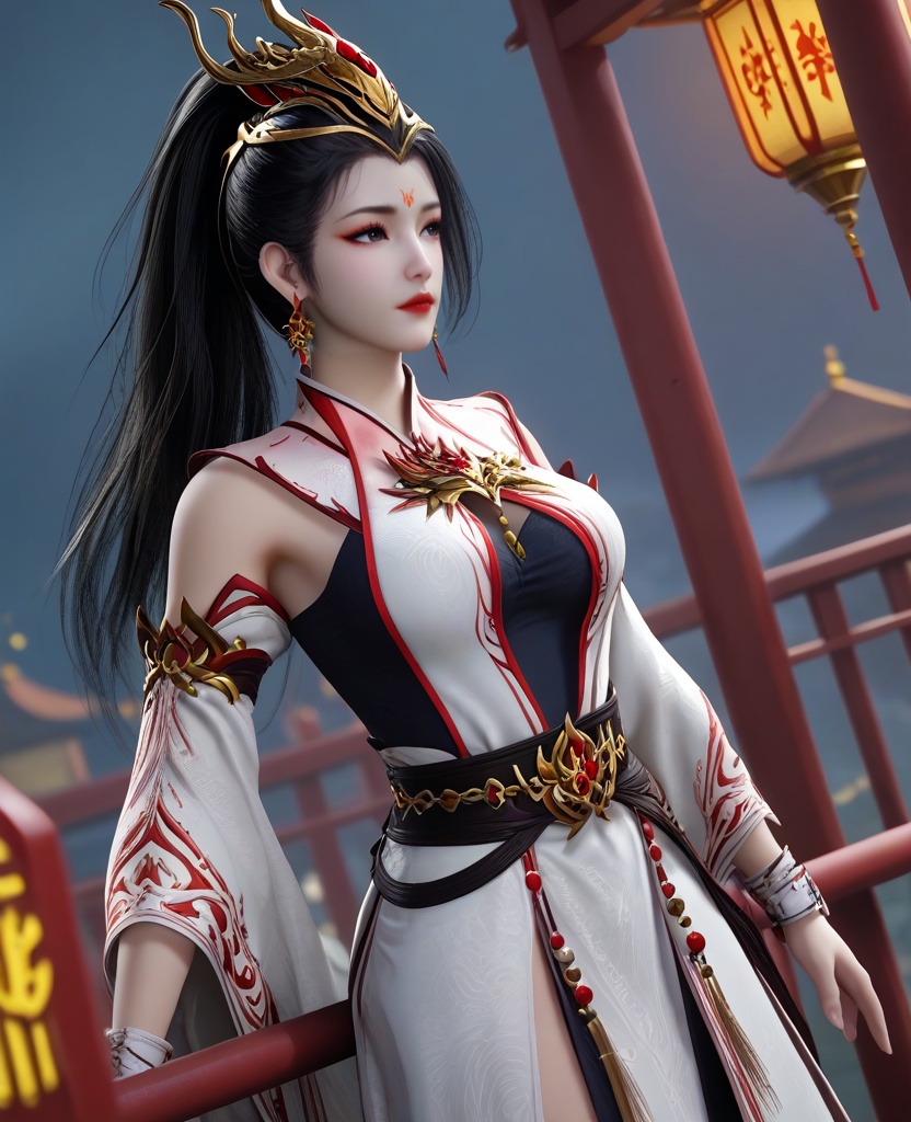 (oriental architecture, elegant decor, sophisticated style:1.1),(Leaning against a fence or railing, looking away, as if waiting for someone or something,:1.1),Cry,(large breasts:1.2),<lora:XL16师兄啊师兄玖酒:0.95>,miss jiujiu,white dress,forehead mark,black hair,ponytail,long hair,hair ornament,jewelry,earrings,black slip dress,red lips,, score_9,score_8_up,score_7_up,score_6_up,score_5_up,score_4_up,3d rendering,tag1,tag2, Cinematic Lighting,backlighting,