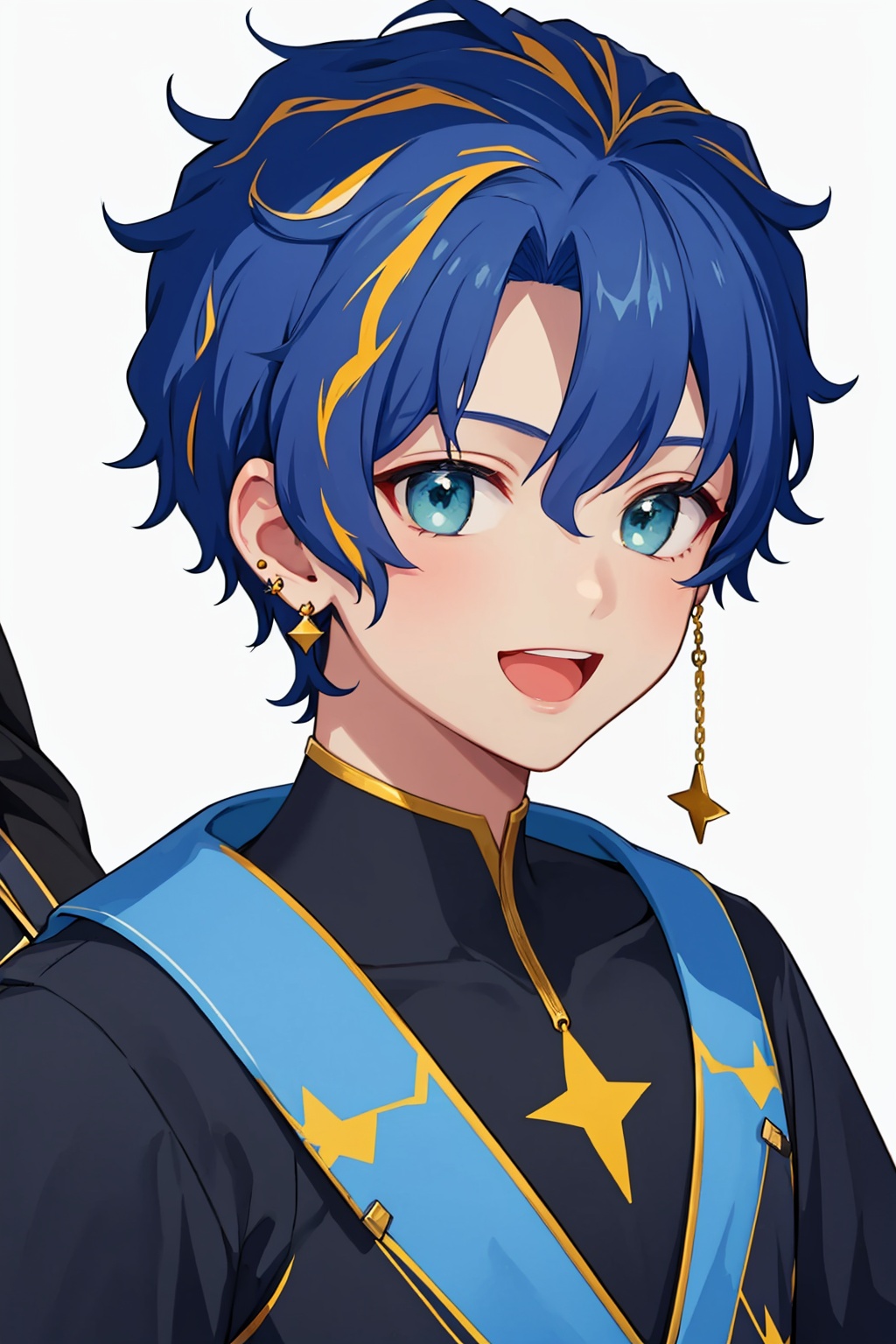 masterpiece,best quality, highly detailed, 1boy,astel leda,looking at viewer,male focus,simple background,solo,upper body,virtual youtuber,white background,smile,closed mouth,earrings,open mouth,<lora:astel_leda:1>